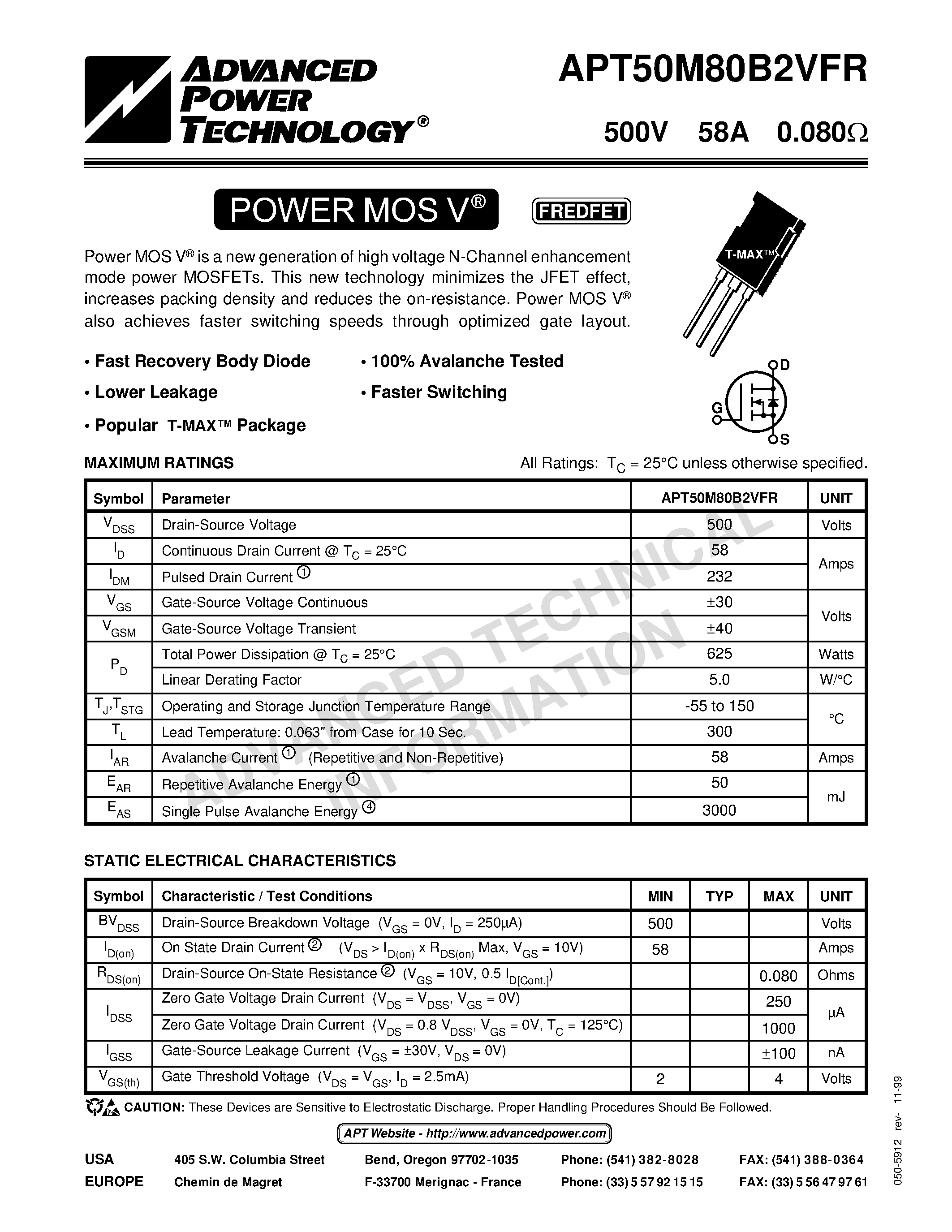 Datasheet APT50M80B2VFR - Power MOS V is a new generation of high voltage N-Channel enhancement mode power MOSFETs. page 1