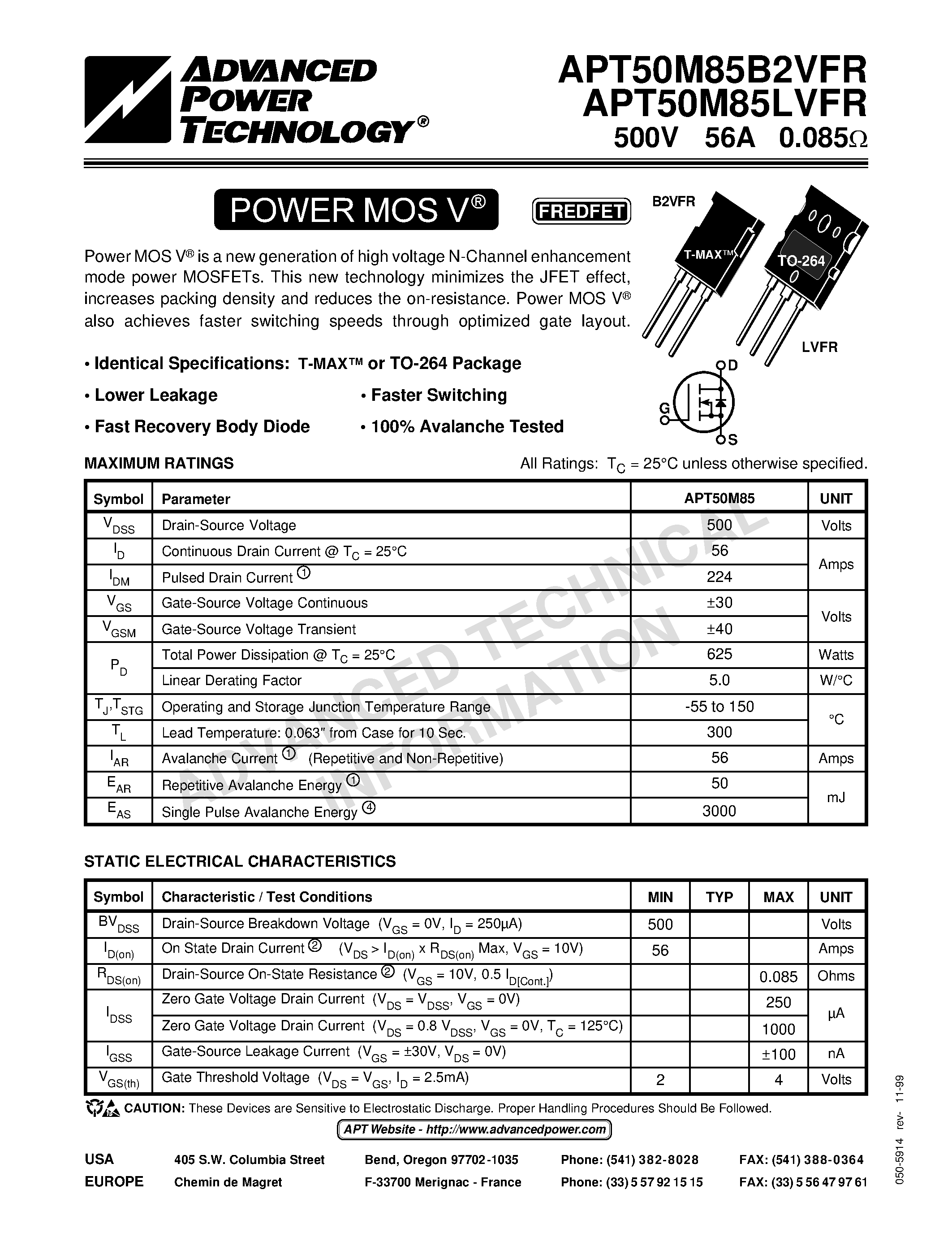 Datasheet APT50M85LVFR page 1 Datasheet APT50M85LVFR - Power MOS V is a new generation of high voltage N-Channel enhancement mode power MOSFETs. page 1