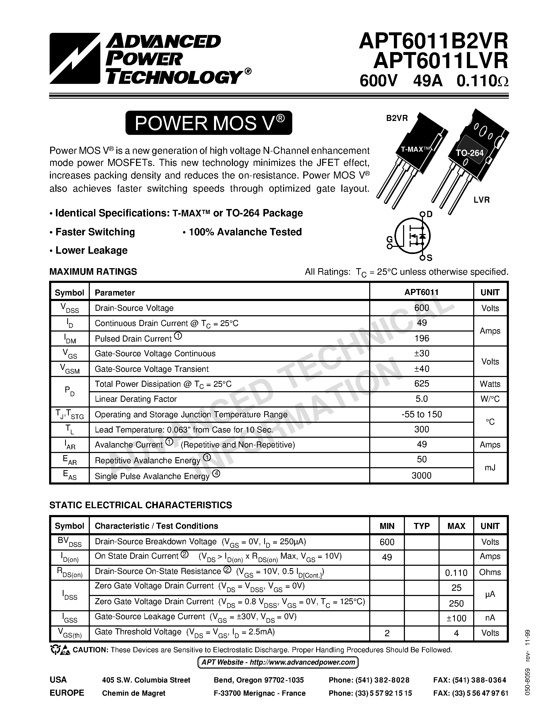 Datasheet APT6011B2VR - Power MOS V is a new generation of high voltage N-Channel enhancement mode power MOSFETs. page 1