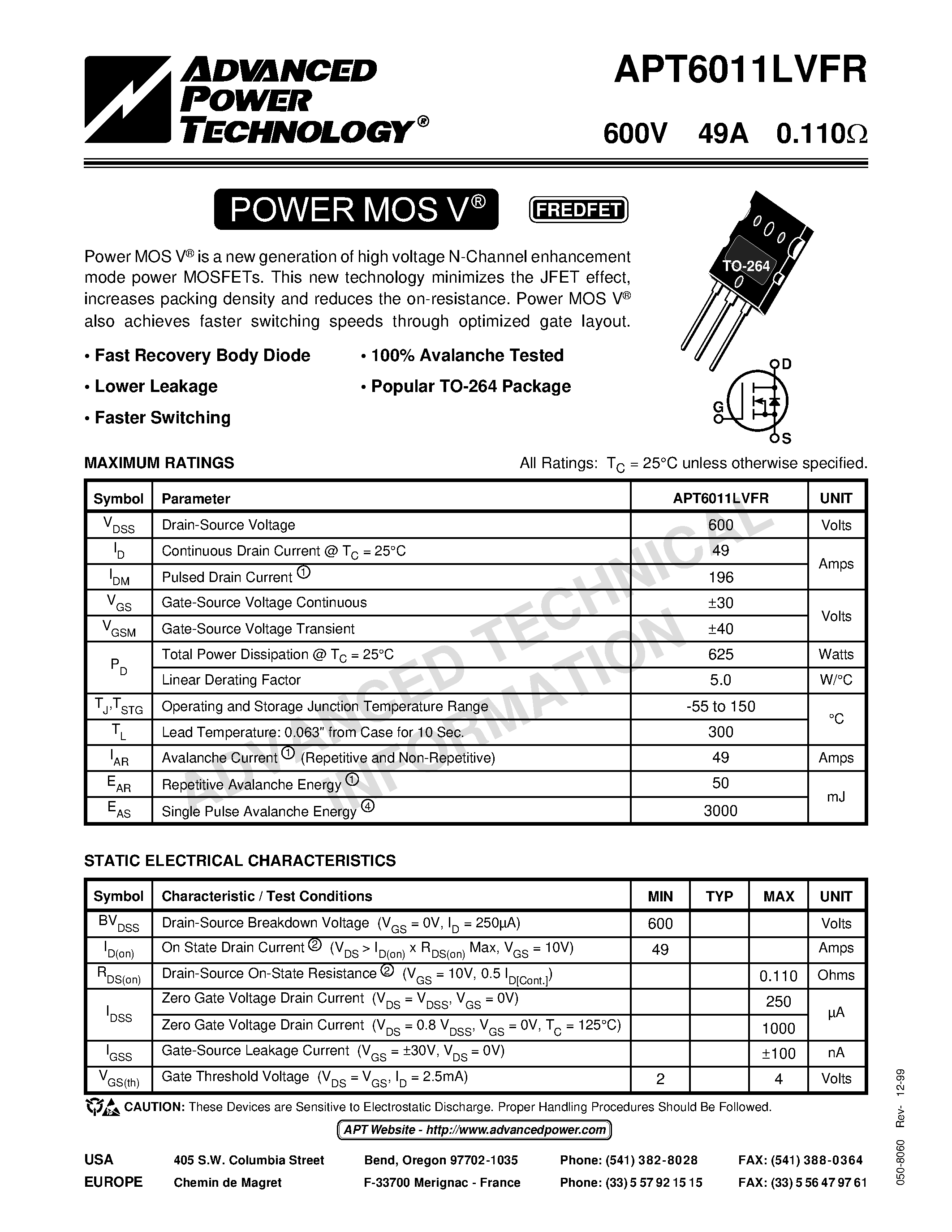 Datasheet APT6011LVFR - Power MOS V is a new generation of high voltage N-Channel enhancement mode power MOSFETs. page 1
