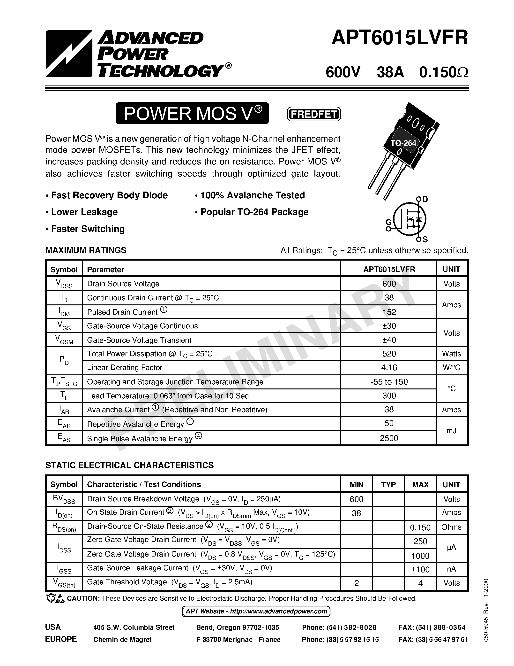 Datasheet APT6015LVFR page 1 Datasheet APT6015LVFR - Power MOS V is a new generation of high voltage N-Channel enhancement mode power MOSFETs. page 1