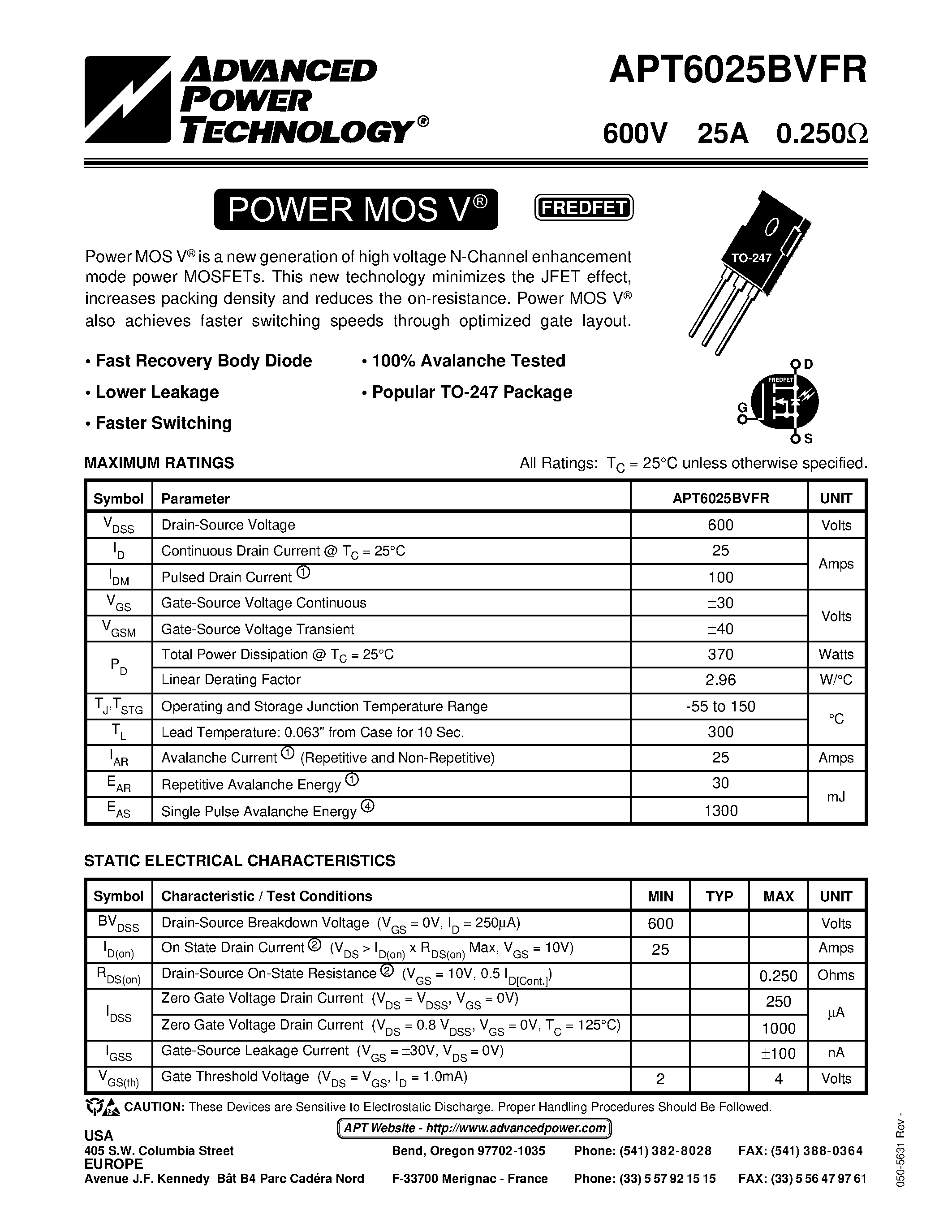 Datasheet APT6025BVFR - Power MOS V is a new generation of high voltage N-Channel enhancement mode power MOSFETs. page 1