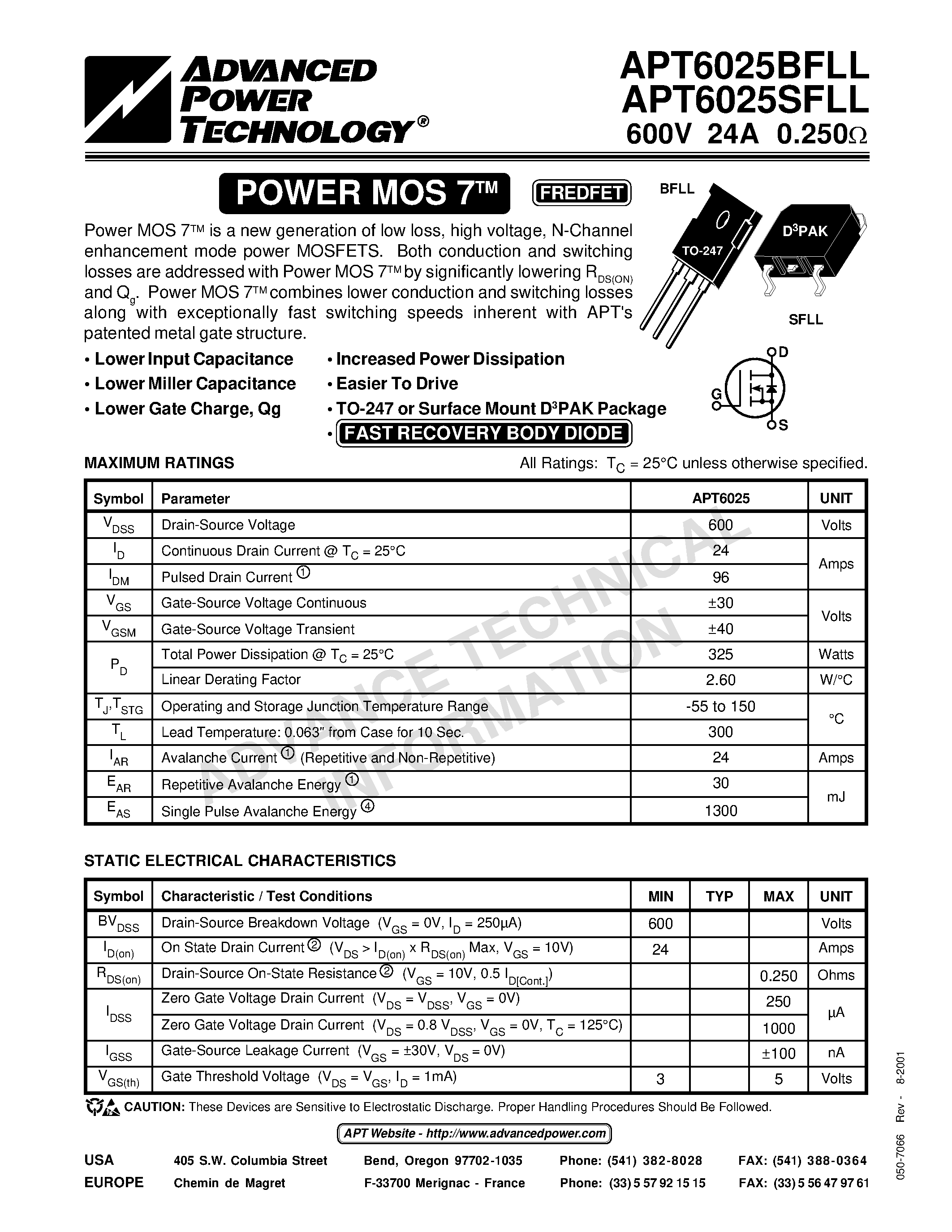 Datasheet APT6025SFLL - Power MOS 7TM is a new generation of low loss/ high voltage/ N-Channel enhancement mode power MOSFETS. page 1