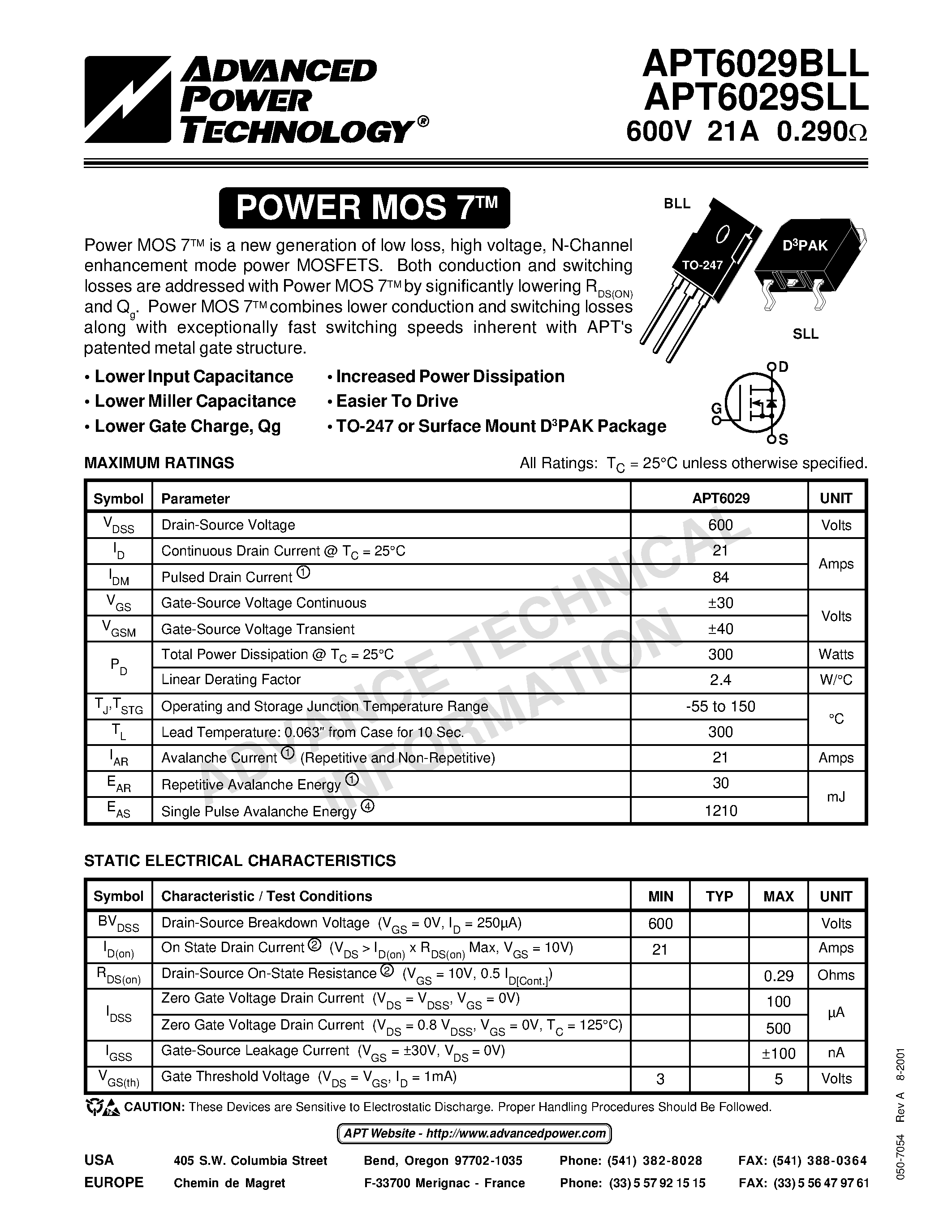 Datasheet APT6029SLL - Power MOS 7TM is a new generation of low loss/ high voltage/ N-Channel enhancement mode power MOSFETS. page 1