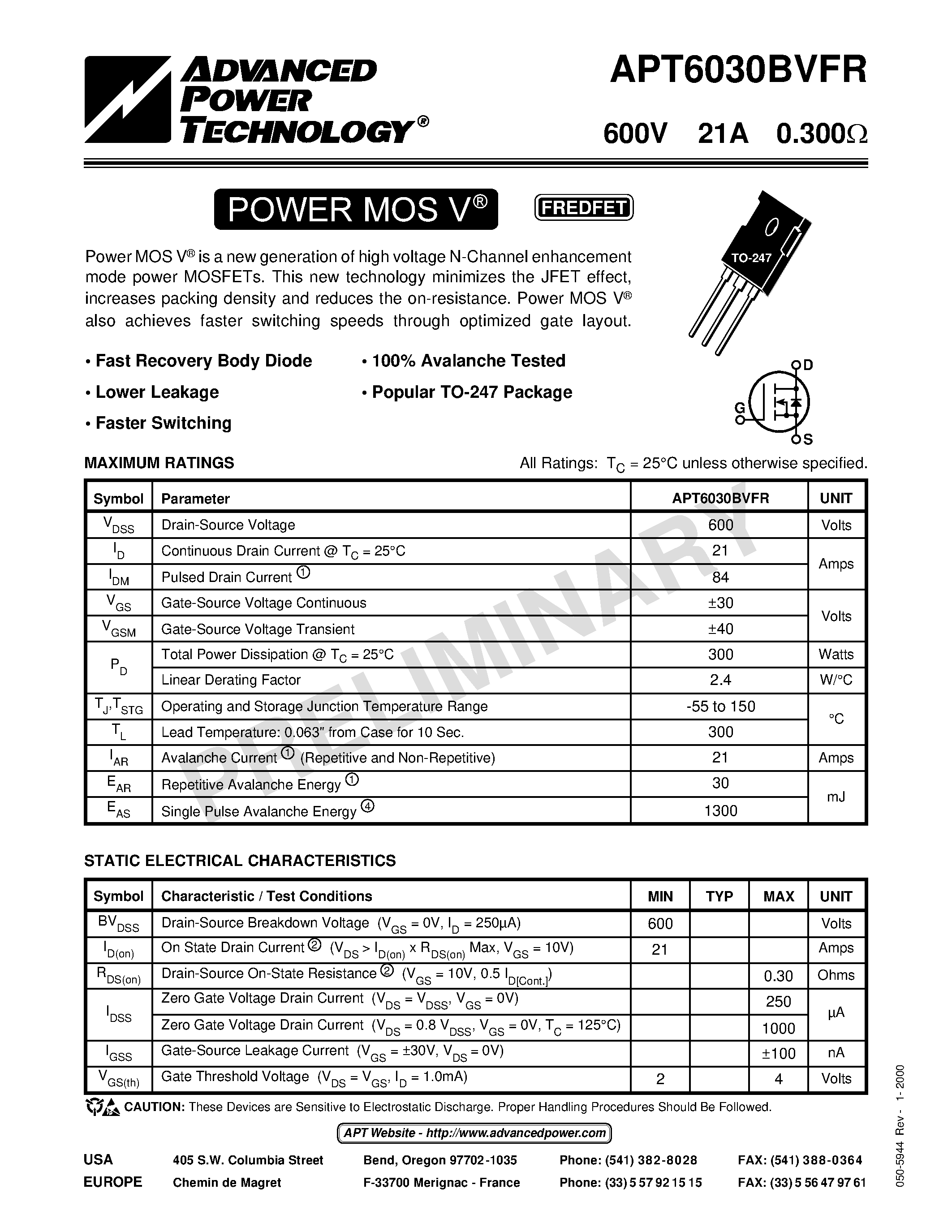 Datasheet APT6030 page 1 Datasheet APT6030 - Power MOS V is a new generation of high voltage N-Channel enhancement mode power MOSFETs. page 1