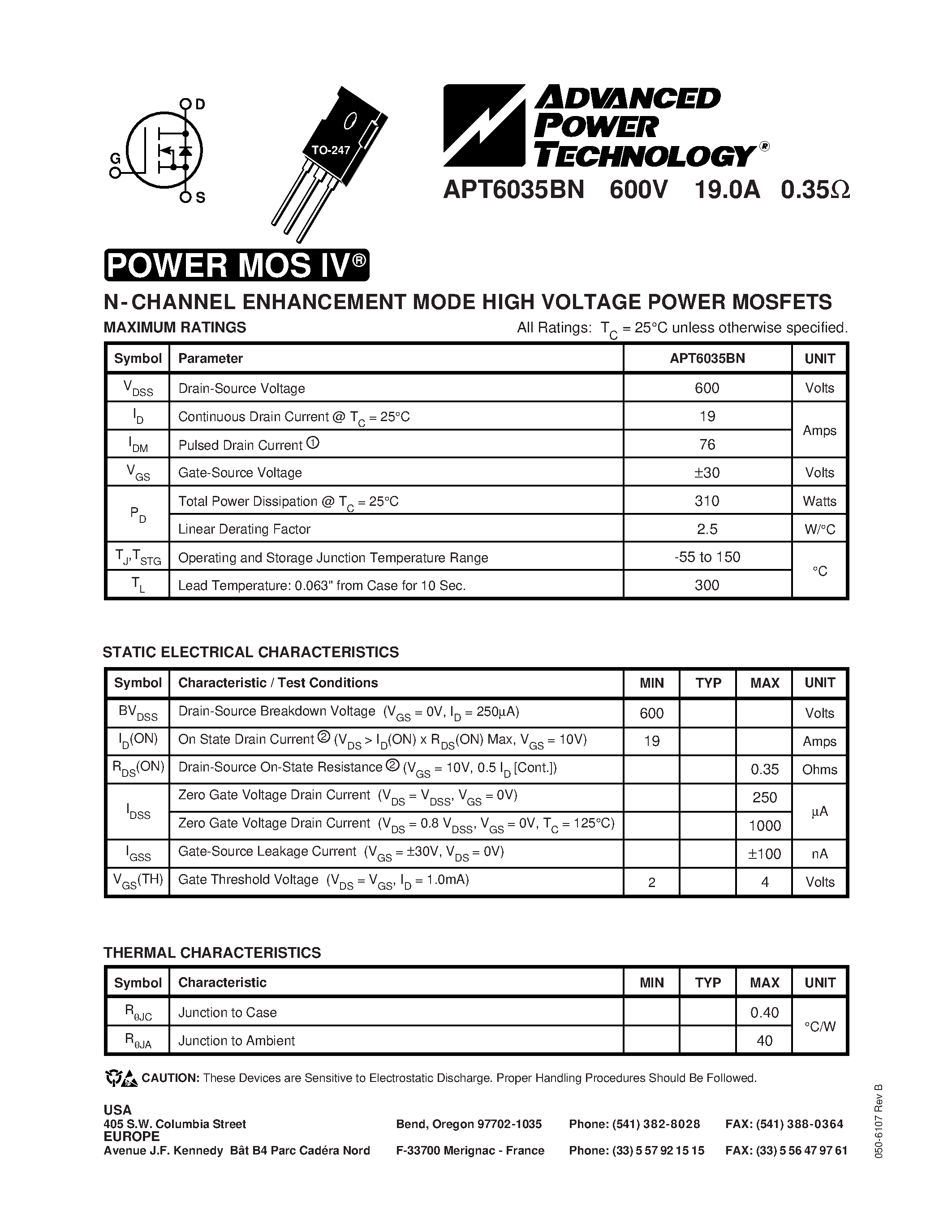 Datasheet APT6035BN - N-CHANNEL ENHANCEMENT MODE HIGH VOLTAGE POWER MOSFETS page 1