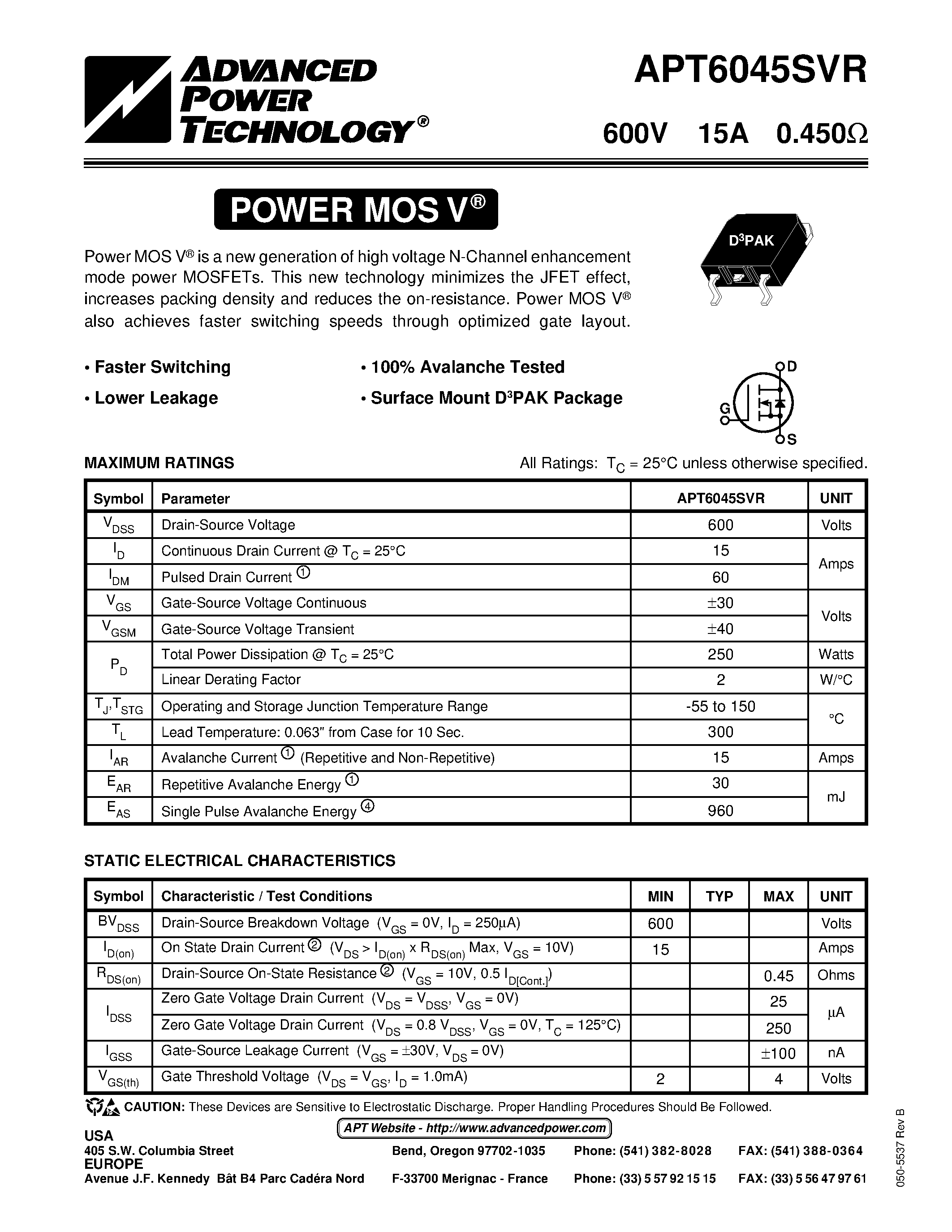 Datasheet APT6045SVR page 1 Datasheet APT6045SVR - Power MOS V is a new generation of high voltage N-Channel enhancement mode power MOSFETs. page 1