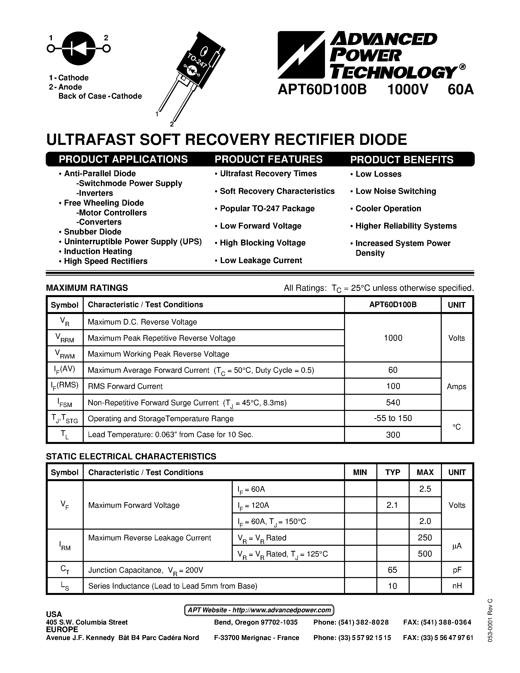 Datasheet APT60D100B page 1 Datasheet APT60D100B - ULTRAFAST SOFT RECOVERY RECTIFIER DIODE page 1