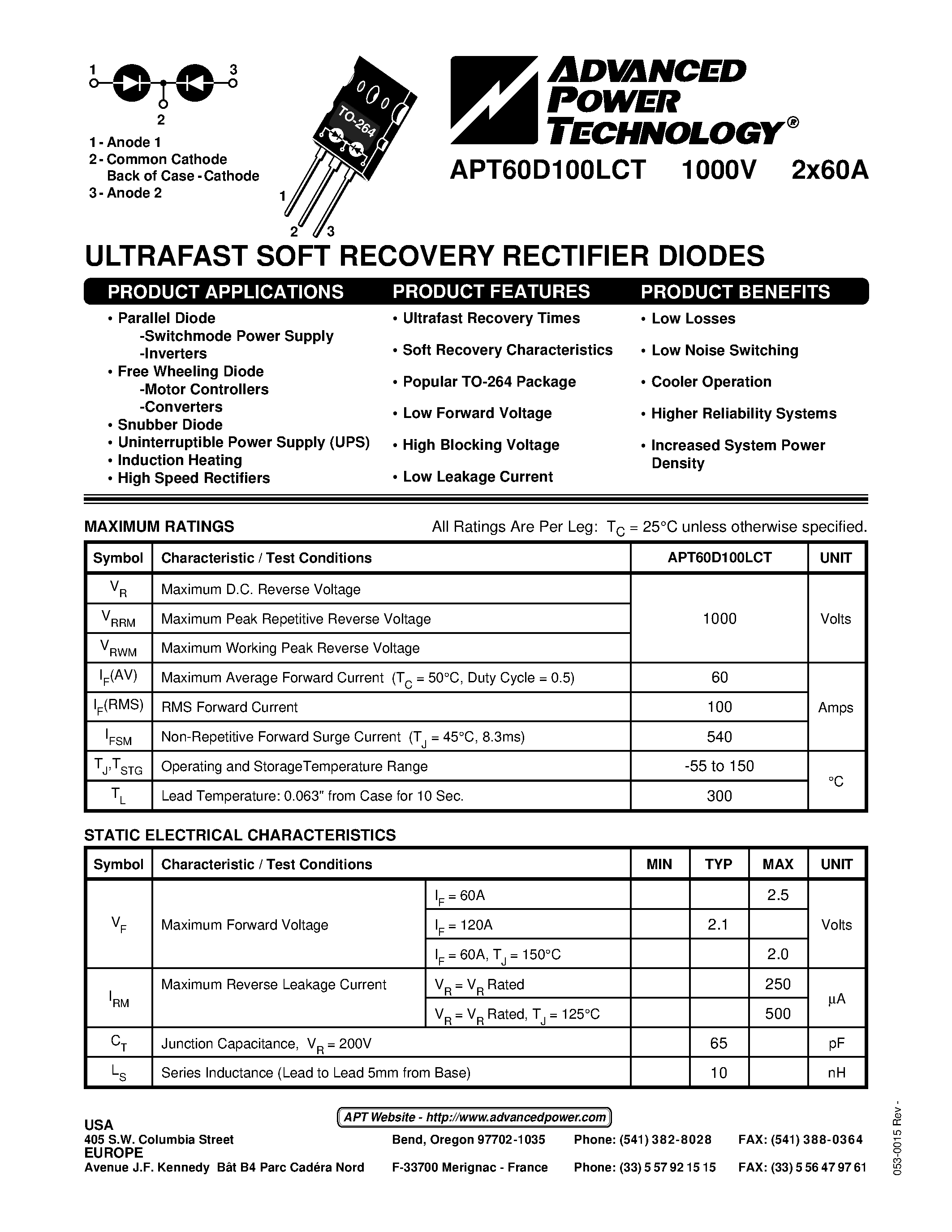 Datasheet APT60D100LCT page 1 Datasheet APT60D100LCT - ULTRAFAST SOFT RECOVERY RECTIFIER DIODES page 1