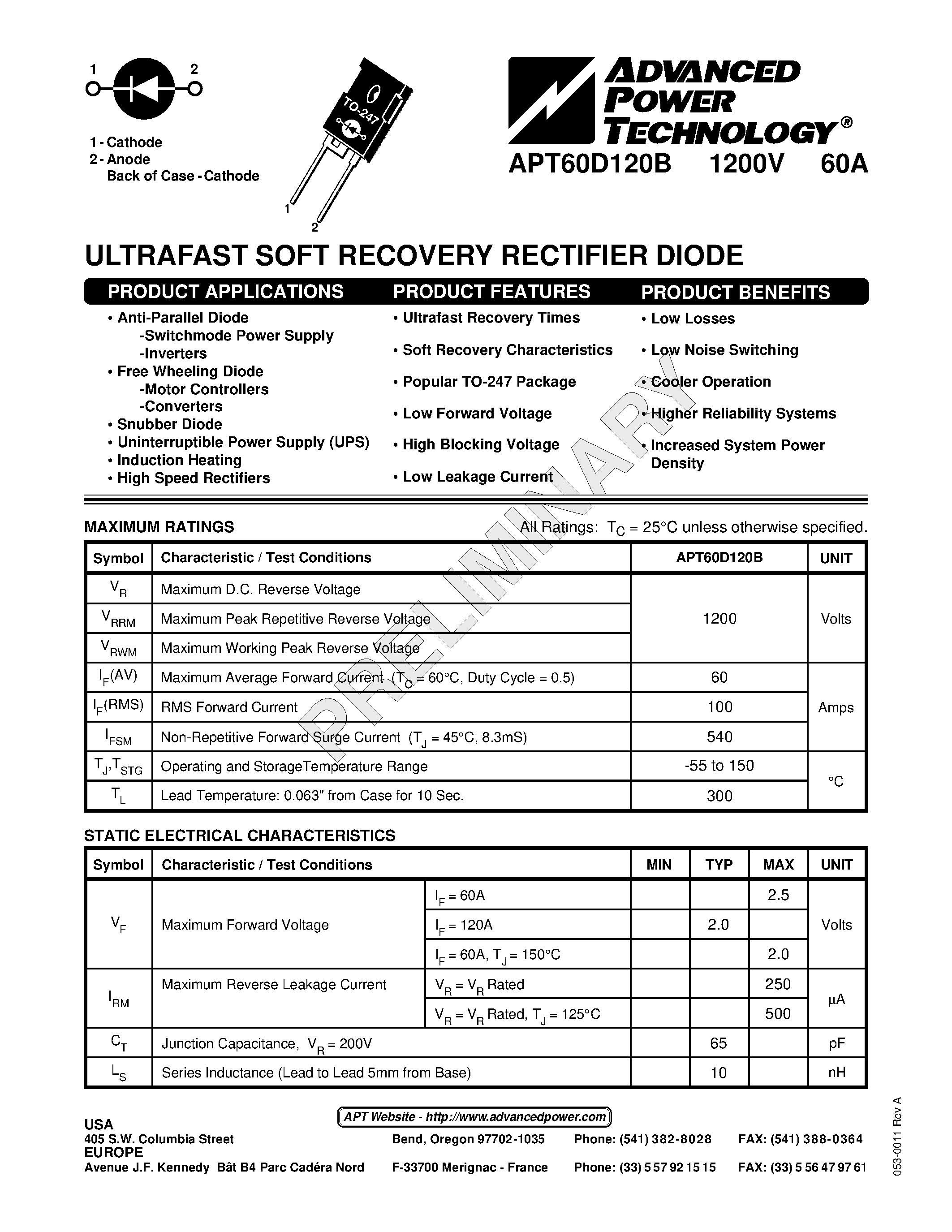 Datasheet APT60D120B page 1 Datasheet APT60D120B - ULTRAFAST SOFT RECOVERY RECTIFIER DIODE page 1