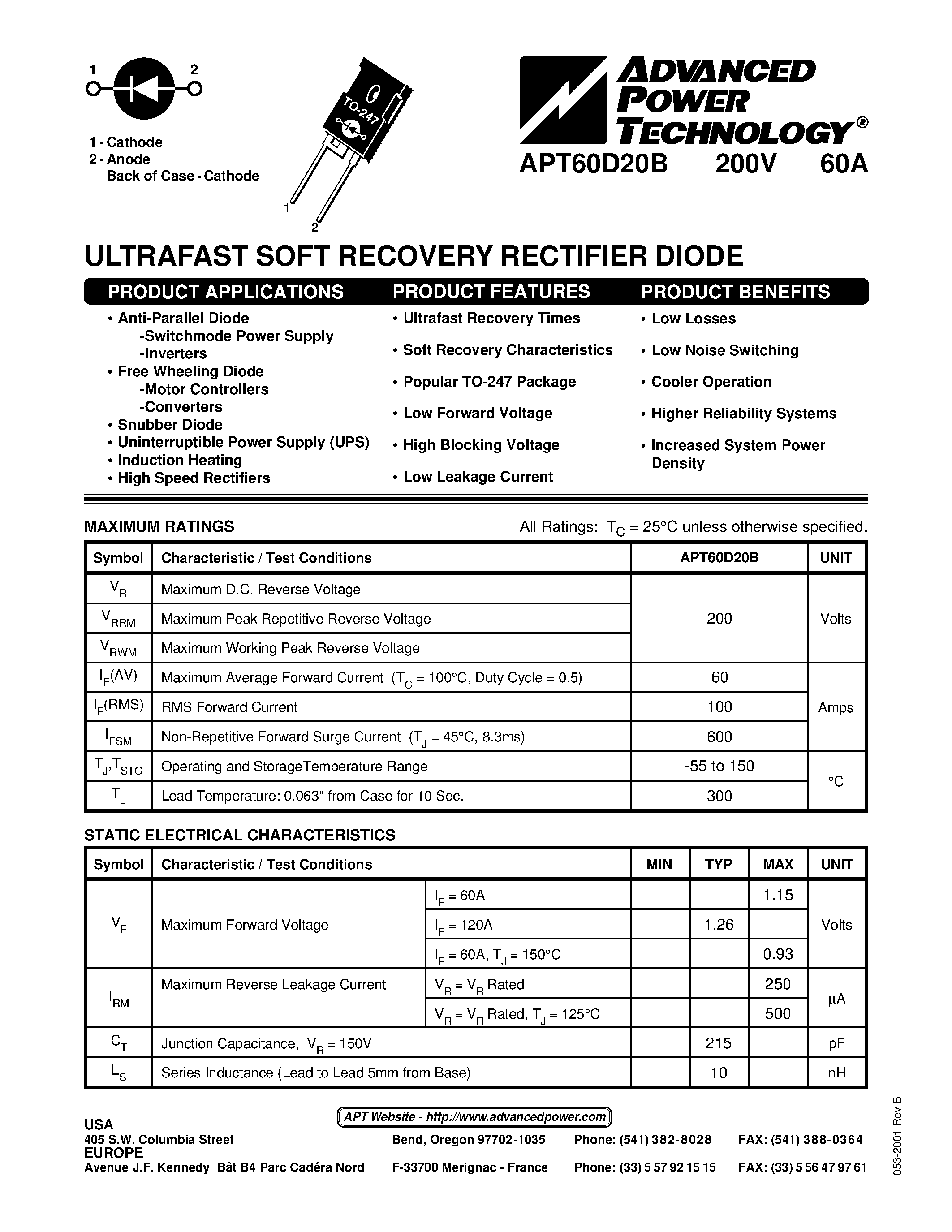 Datasheet APT60D20 - ULTRAFAST SOFT RECOVERY RECTIFIER DIODES page 1