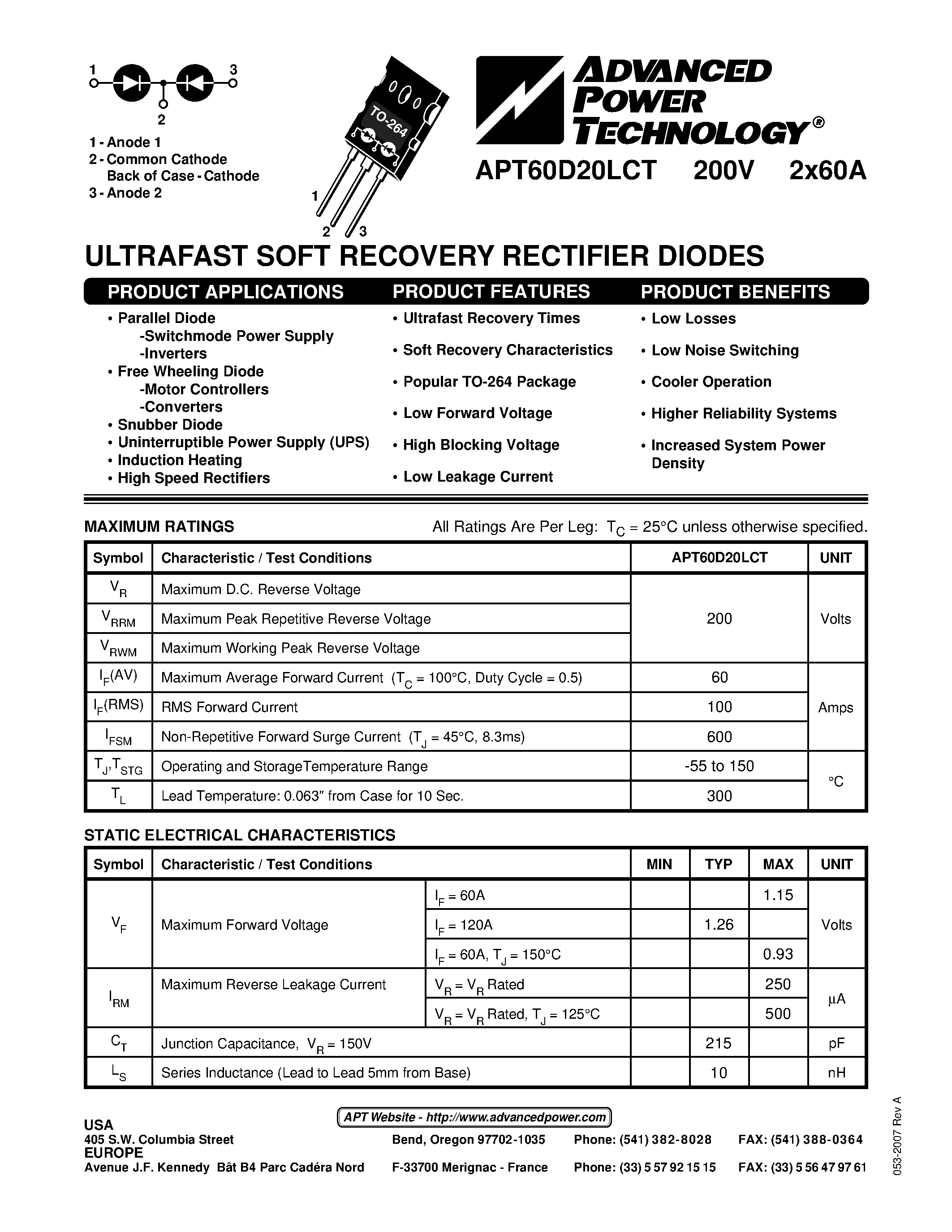 Datasheet APT60D20LCT page 1 Datasheet APT60D20LCT - ULTRAFAST SOFT RECOVERY RECTIFIER DIODES page 1