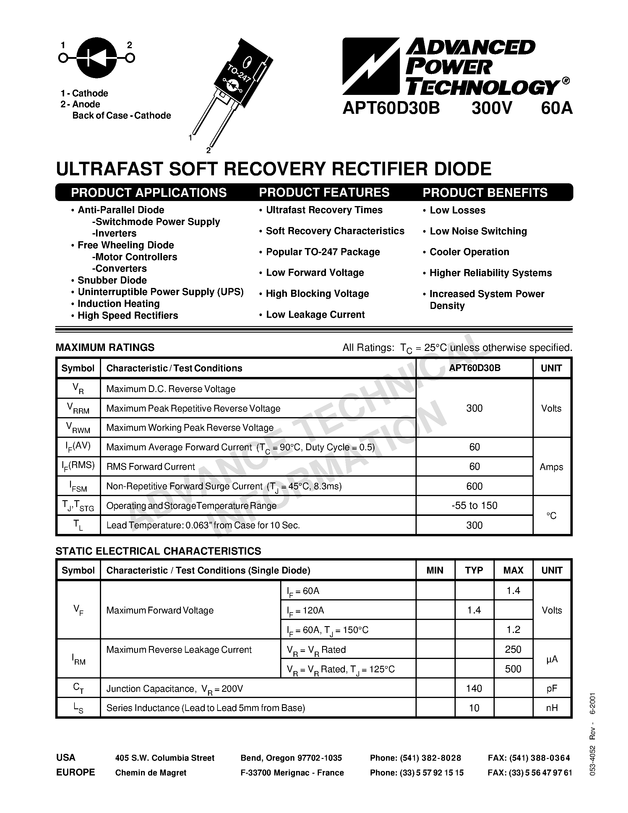 Datasheet APT60D30B page 1 Datasheet APT60D30B - ULTRAFAST SOFT RECOVERY RECTIFIER DIODE page 1