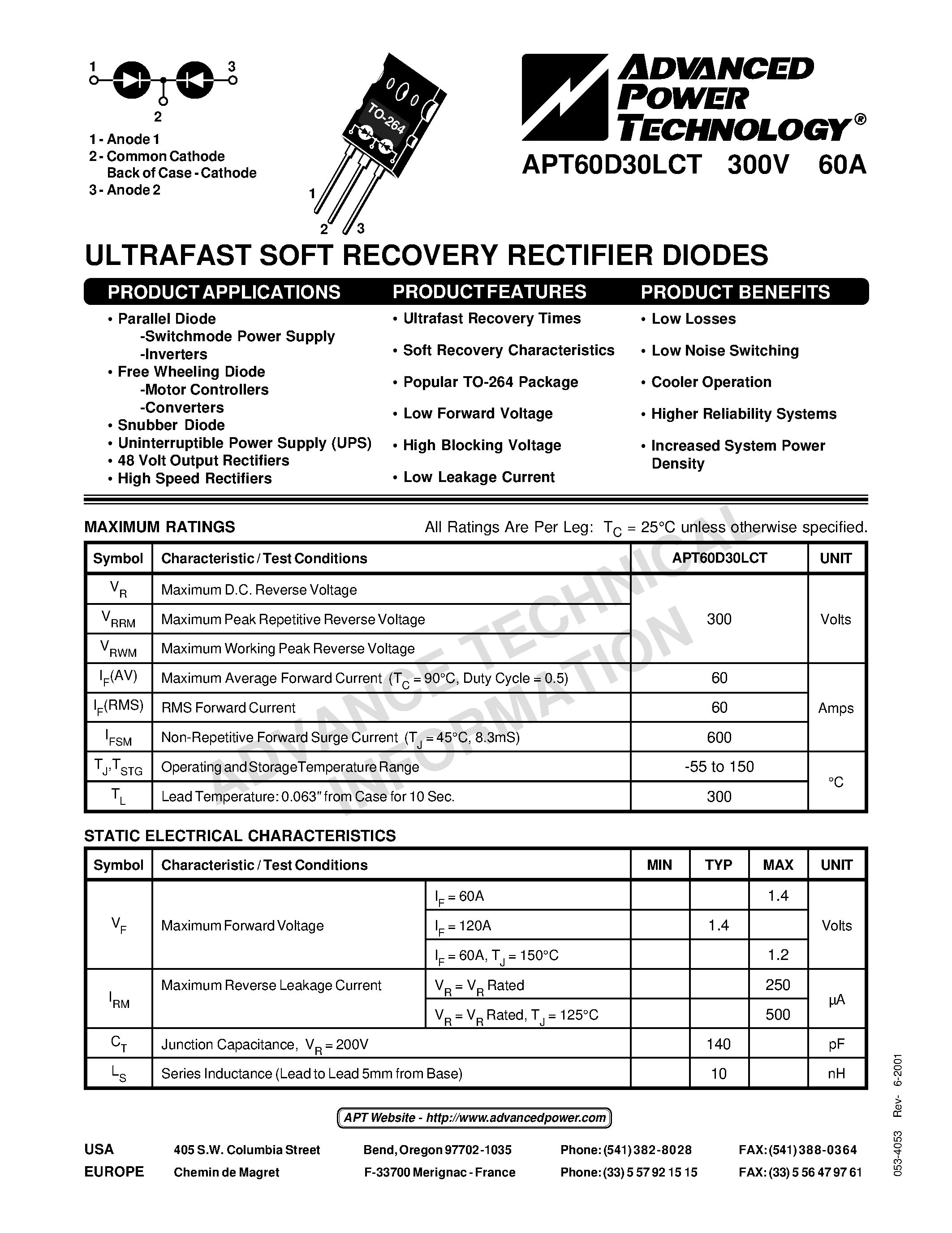 Datasheet APT60D30LCT page 1 Datasheet APT60D30LCT - ULTRAFAST SOFT RECOVERY RECTIFIER DIODES page 1