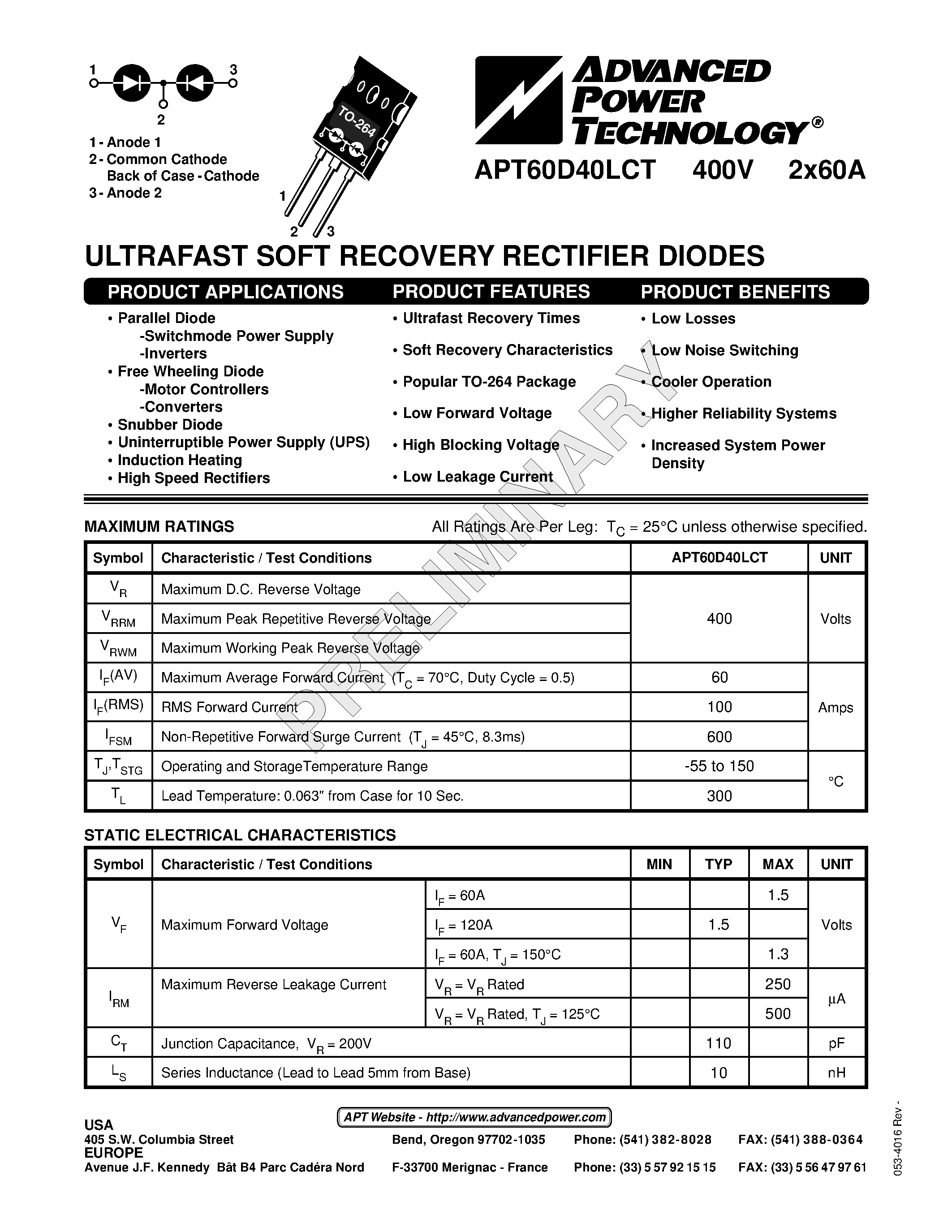 Datasheet APT60D40LCT page 1 Datasheet APT60D40LCT - ULTRAFAST SOFT RECOVERY RECTIFIER DIODES page 1
