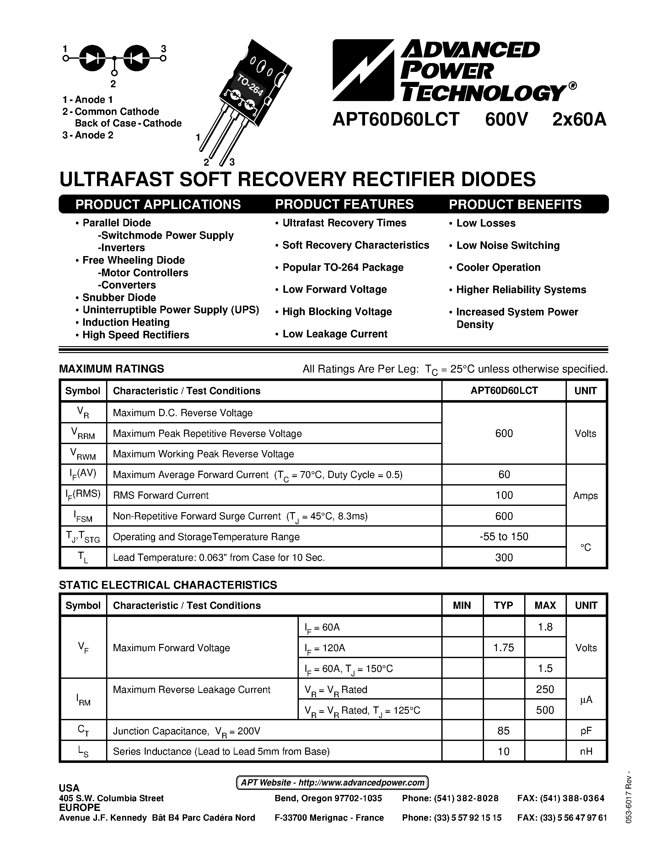 Datasheet APT60D60LCT - ULTRAFAST SOFT RECOVERY RECTIFIER DIODES page 1