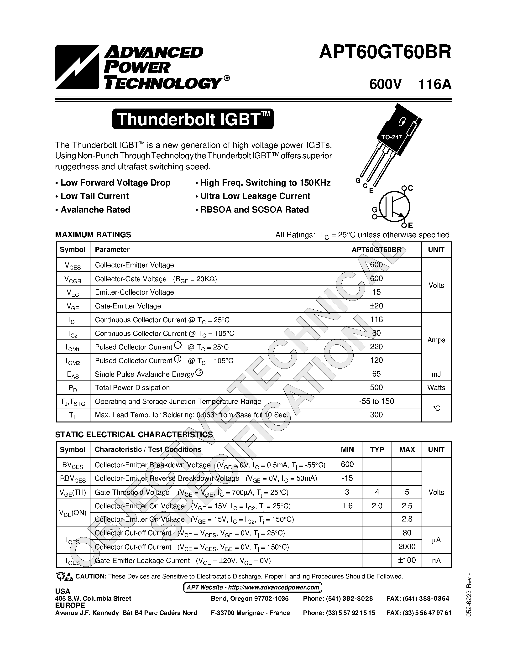 Datasheet APT60GT60BR - The Thunderbolt IGBT is a new generation of high voltage power IGBTs. page 1