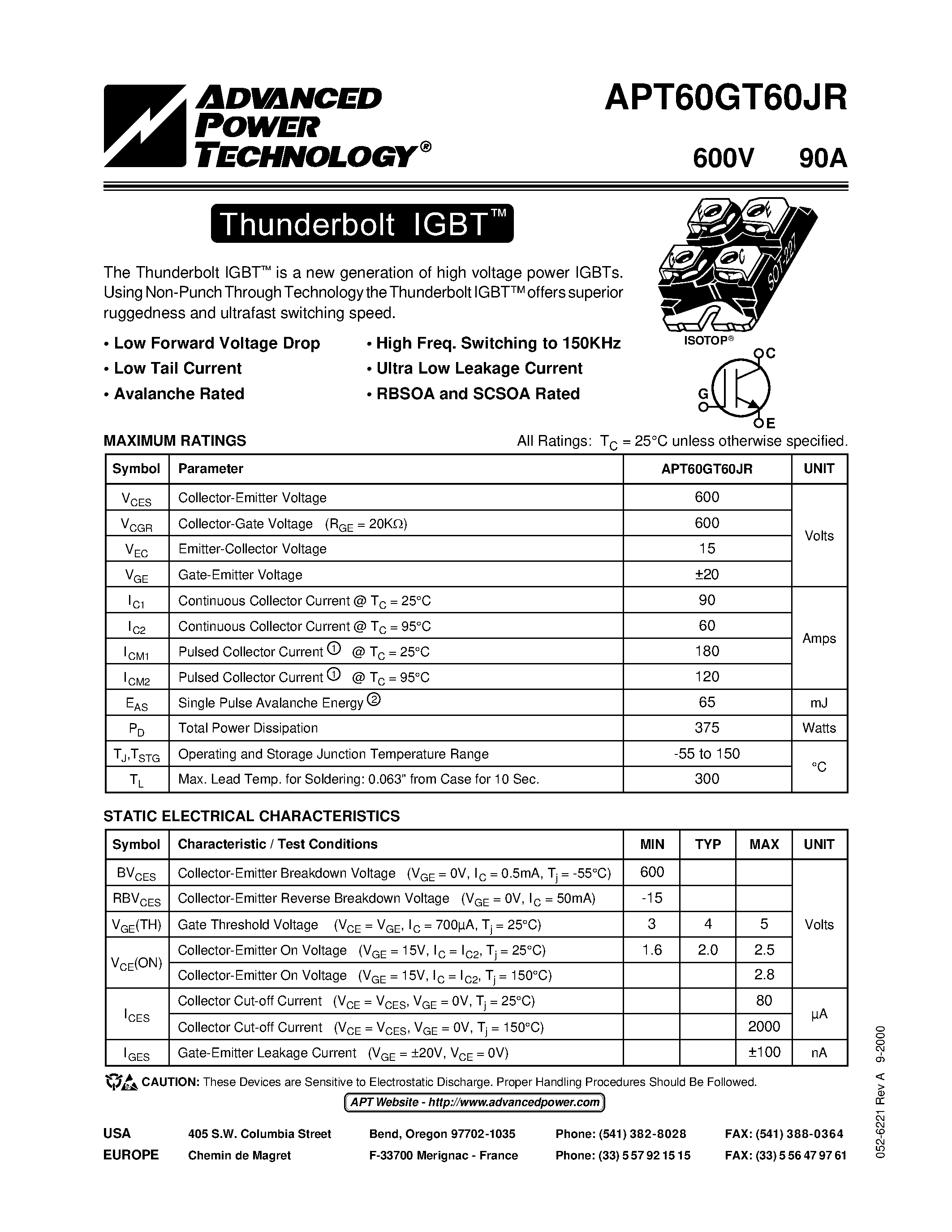 Datasheet APT60GT60JR - The Thunderbolt IGBT is a new generation of high voltage power IGBTs. page 1