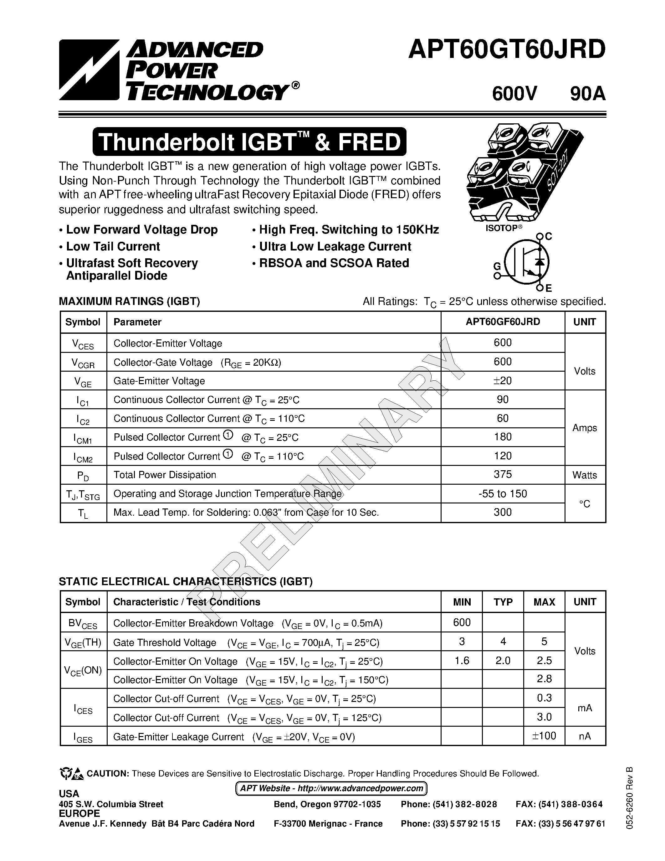 Datasheet APT60GT60JRD - The Thunderbolt IGBT is a new generation of high voltage power IGBTs. page 1