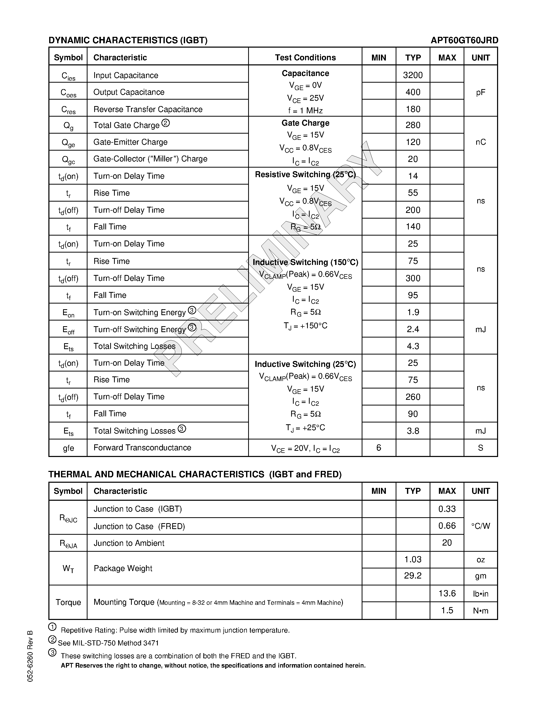Datasheet APT60GT60JRD - The Thunderbolt IGBT is a new generation of high voltage power IGBTs. page 2