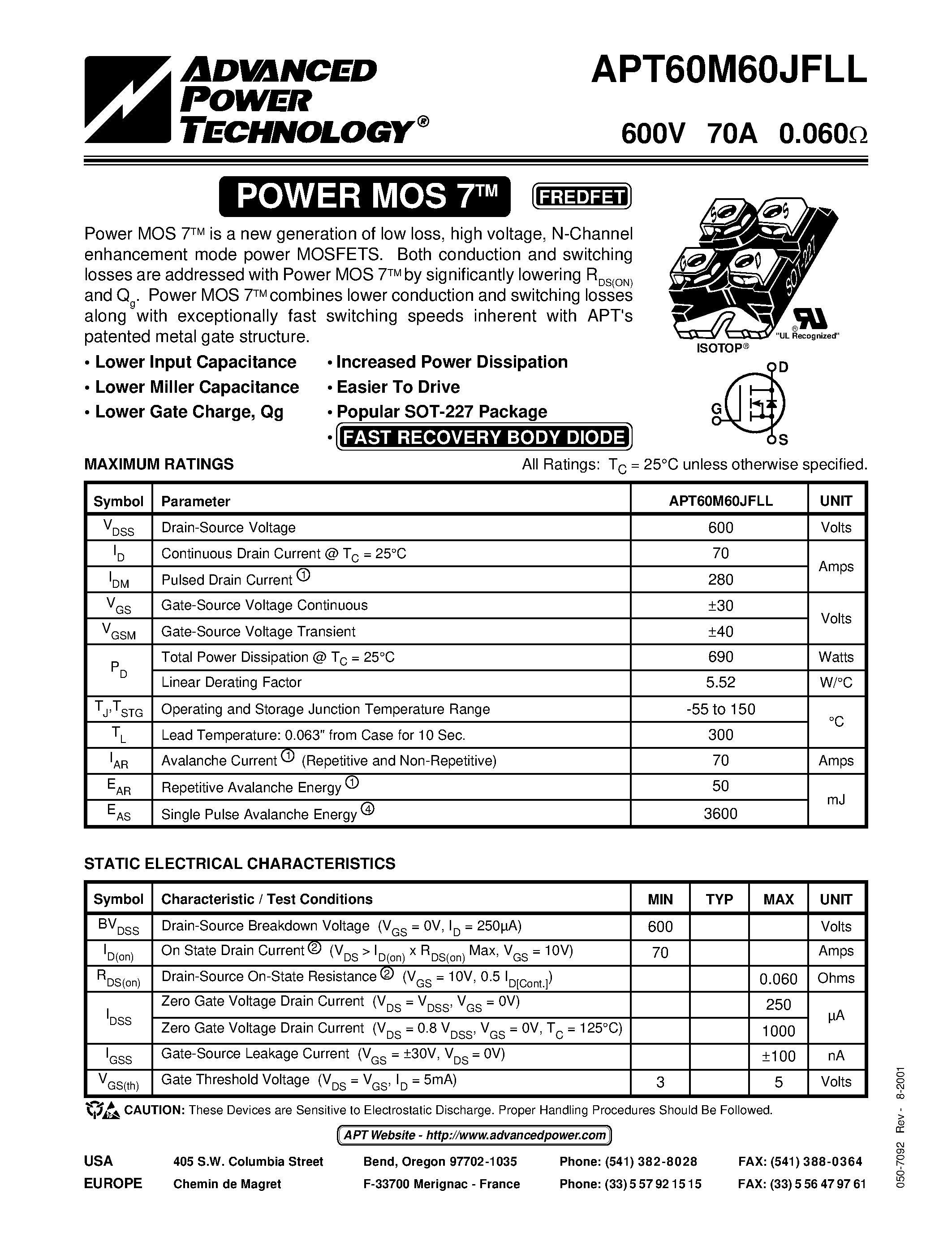 Datasheet APT60M60JFLL - Power MOS 7TM is a new generation of low loss/ high voltage/ N-Channel enhancement mode power MOSFETS. page 1