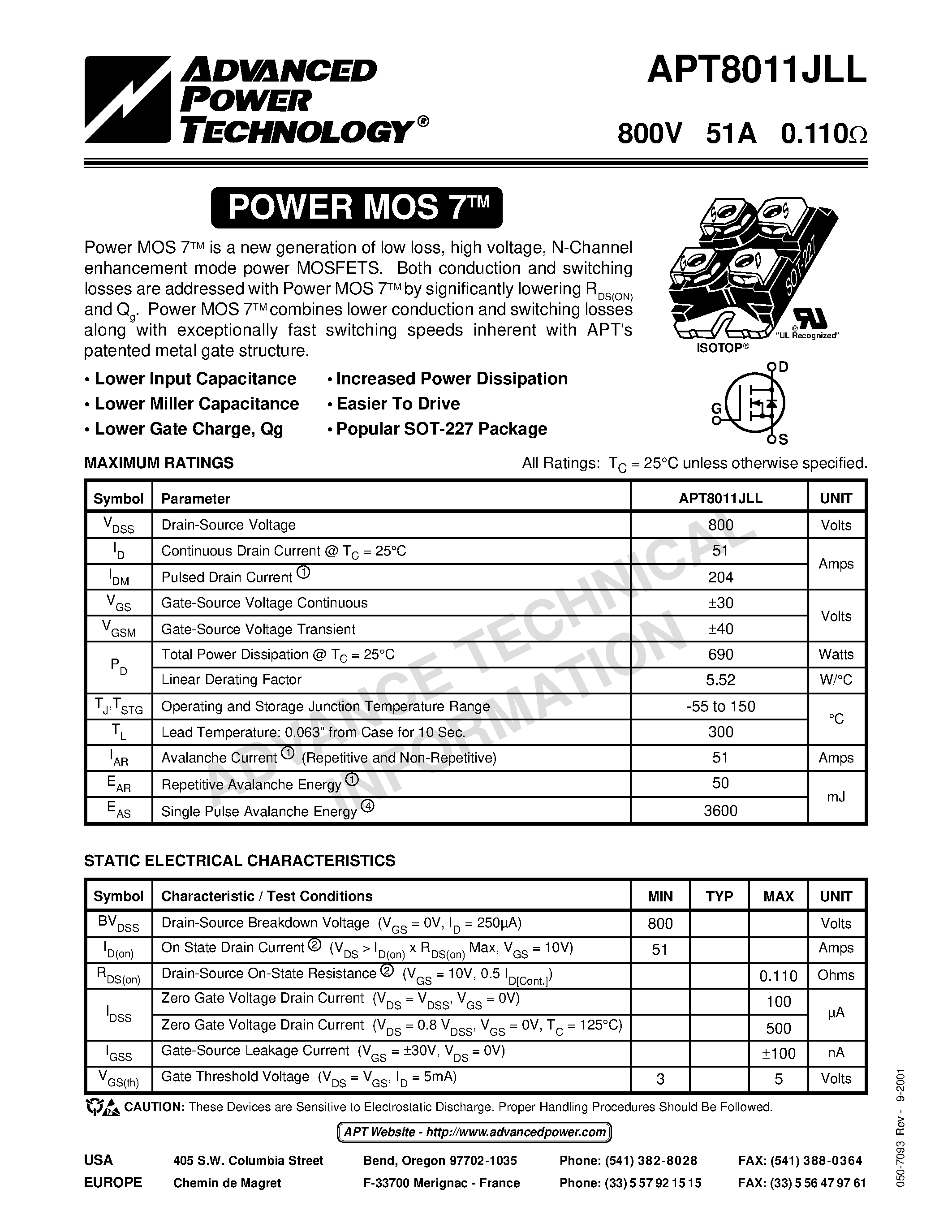 Datasheet APT8011JLL - Power MOS 7TM is a new generation of low loss/ high voltage/ N-Channel enhancement mode power MOSFETS. page 1