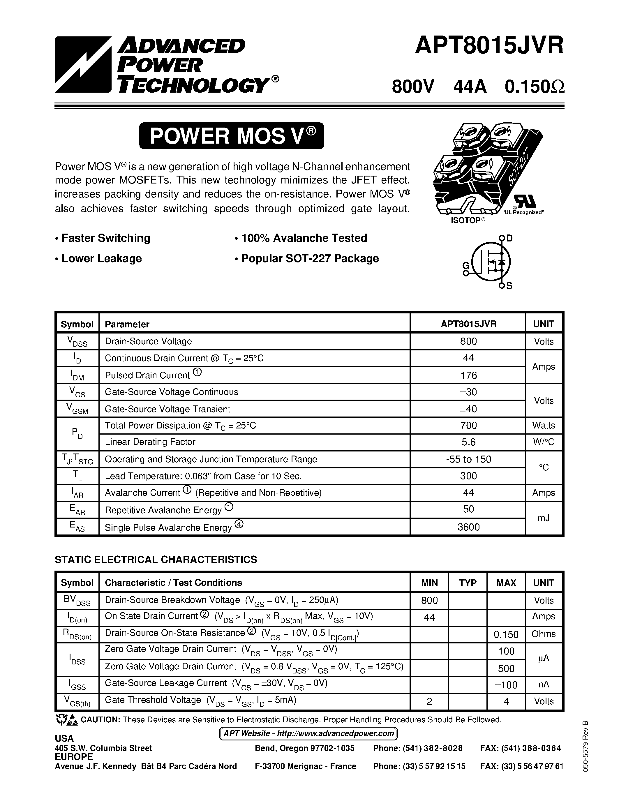 Datasheet APT8015 - Power MOS V is a new generation of high voltage N-Channel enhancement mode power MOSFETs. page 1