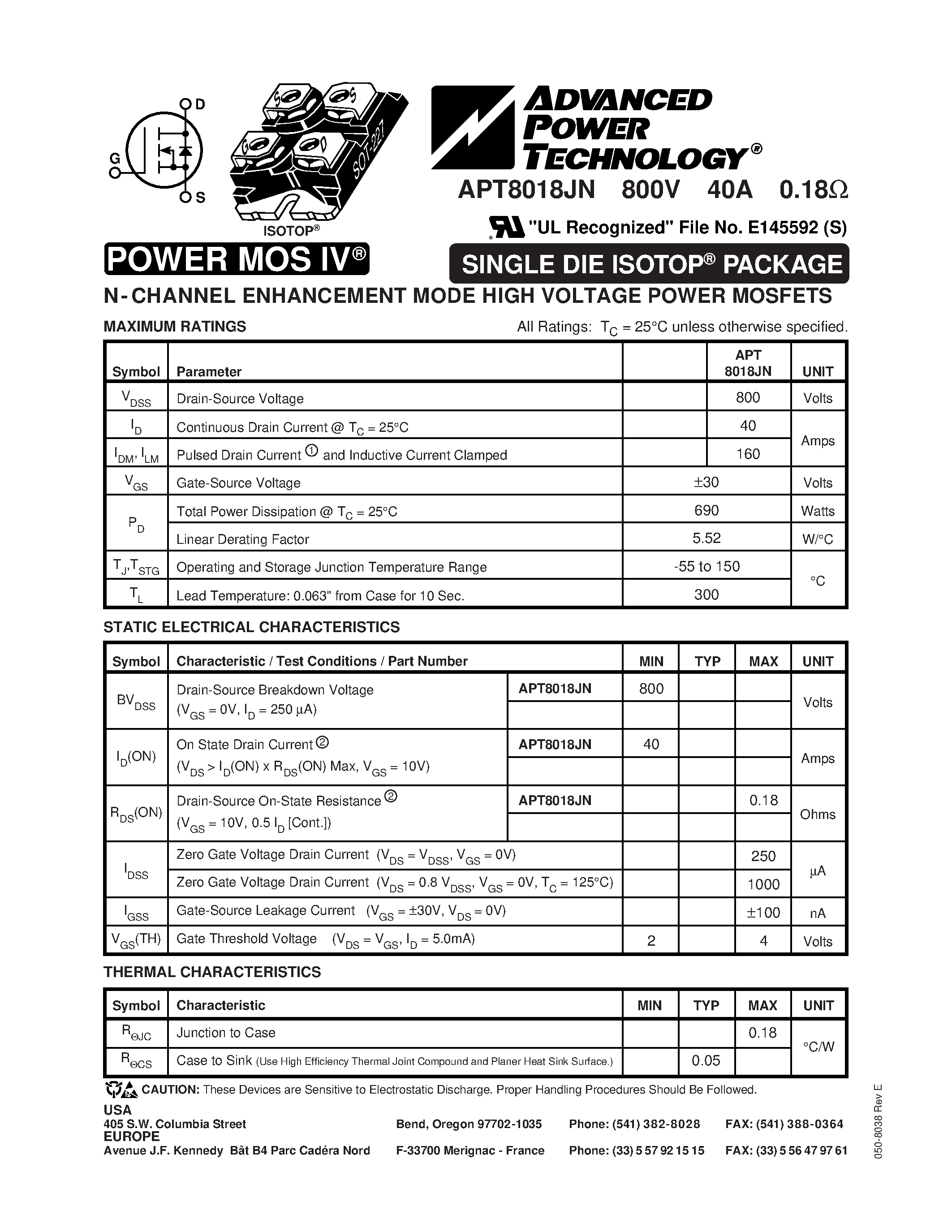 Datasheet APT8018JN - N-CHANNEL ENHANCEMENT MODE HIGH VOLTAGE POWER MOSFETS page 1