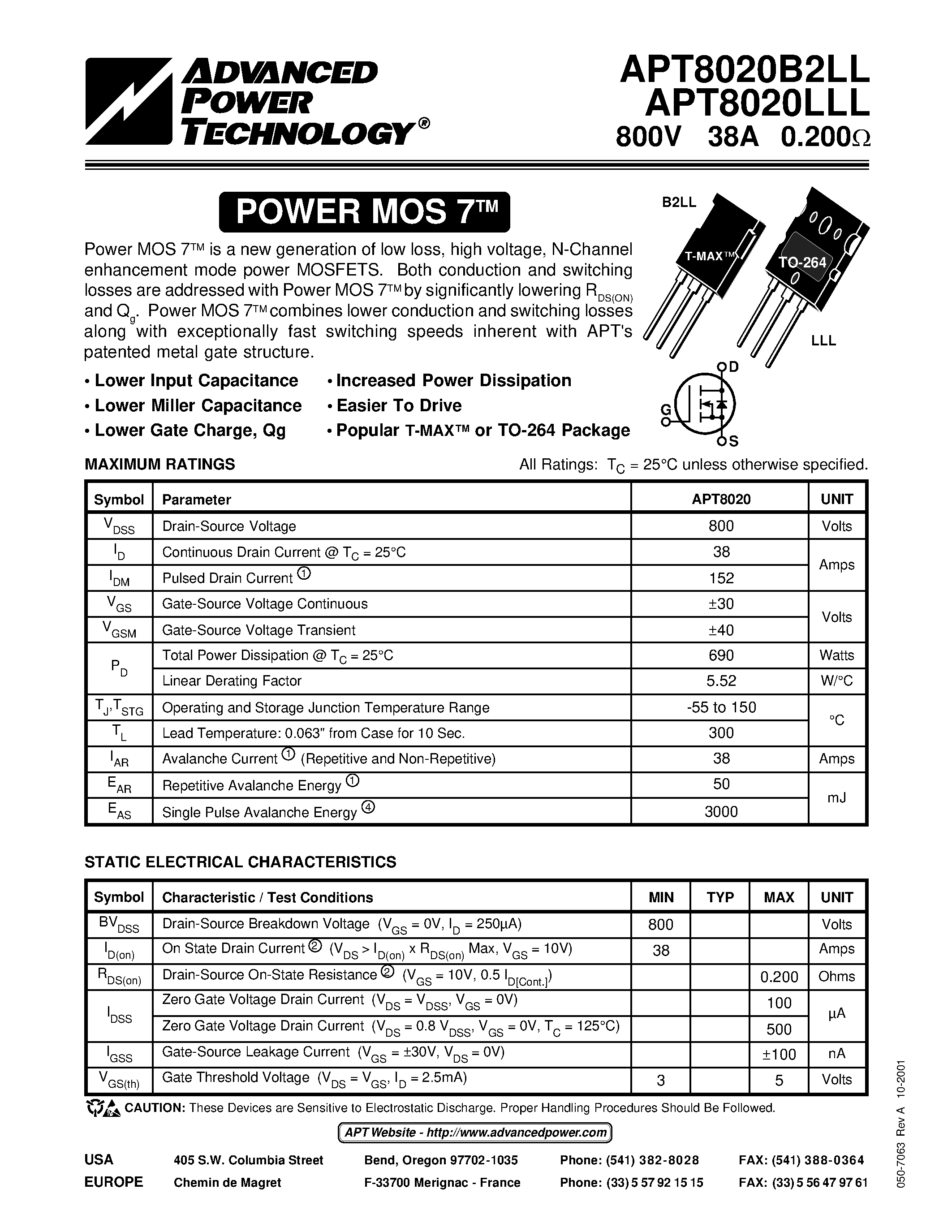Datasheet APT8020B2LL - Power MOS 7TM is a new generation of low loss/ high voltage/ N-Channel enhancement mode power MOSFETS. page 1