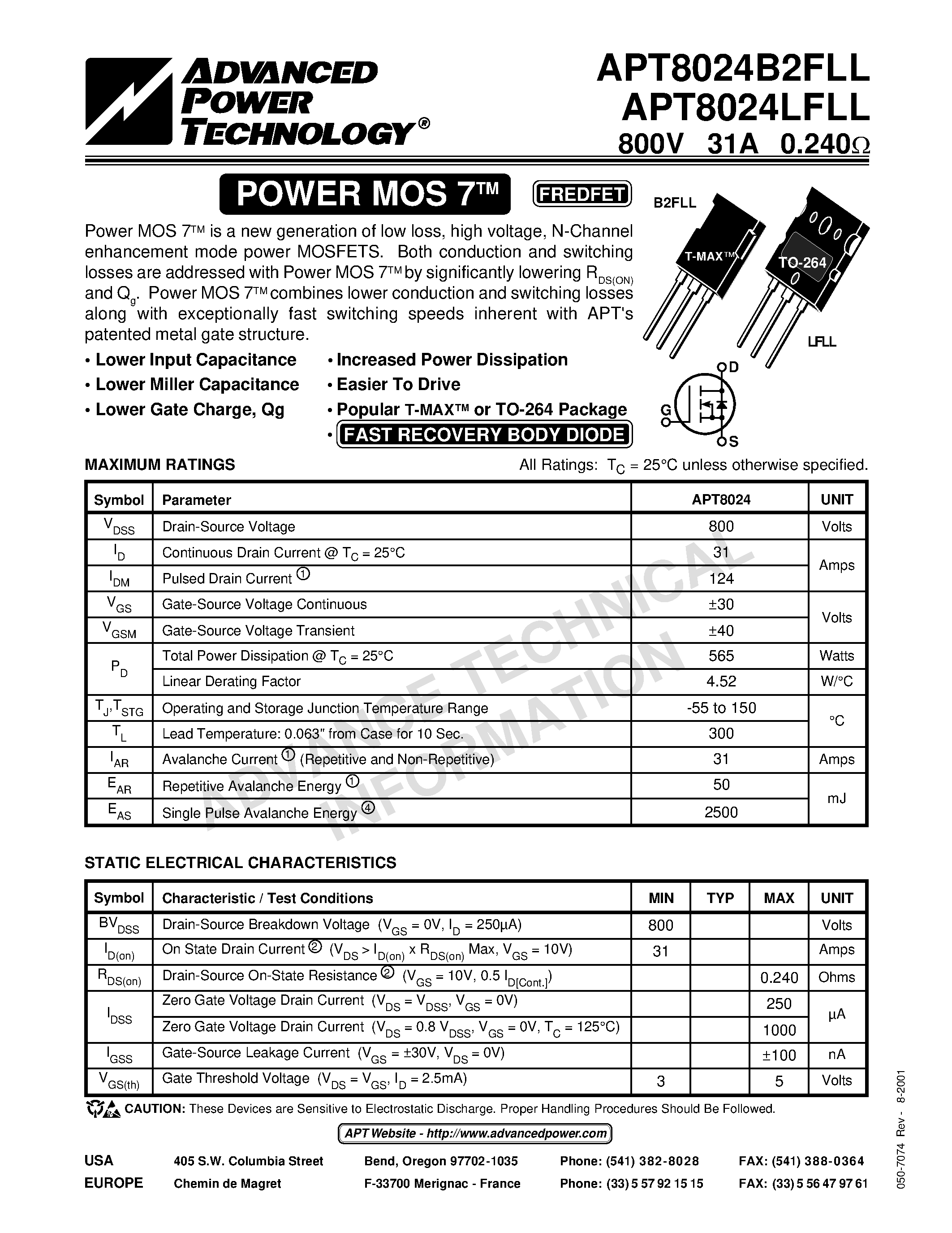 Datasheet APT8024LFLL - Power MOS 7TM is a new generation of low loss/ high voltage/ N-Channel enhancement mode power MOSFETS. page 1