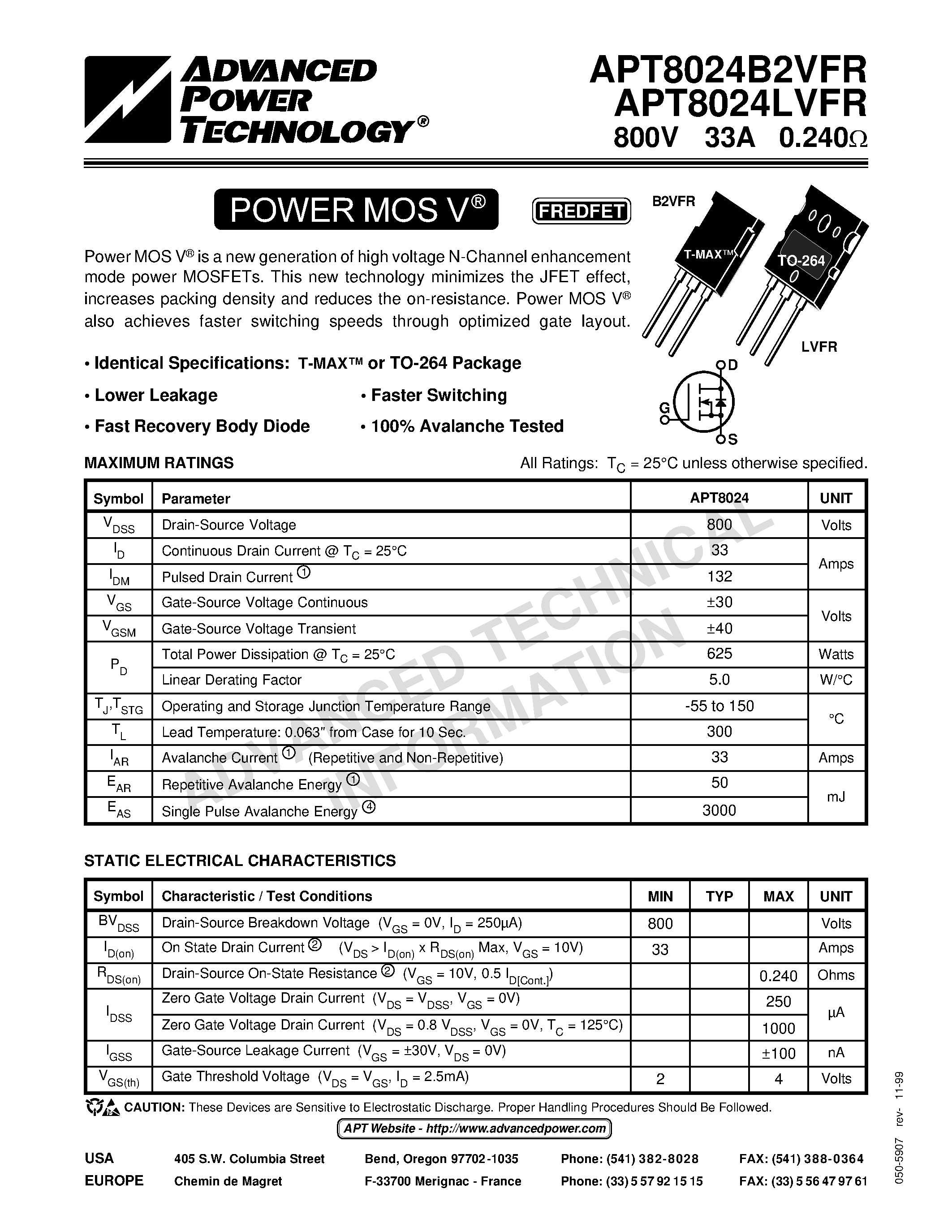 Datasheet APT8024LVFR page 1 Datasheet APT8024LVFR - Power MOS V is a new generation of high voltage N-Channel enhancement mode power MOSFETs. page 1