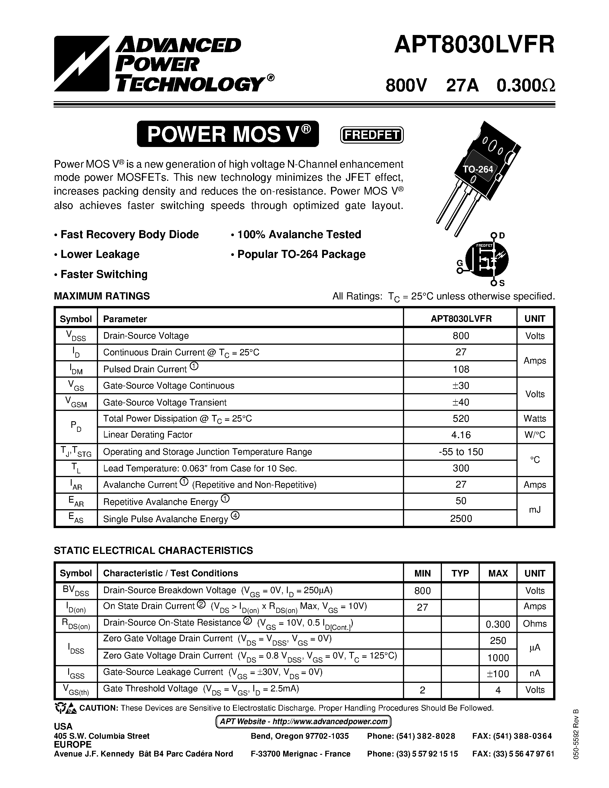 Datasheet APT8030LVFR page 1 Datasheet APT8030LVFR - Power MOS V is a new generation of high voltage N-Channel enhancement mode power MOSFETs. page 1