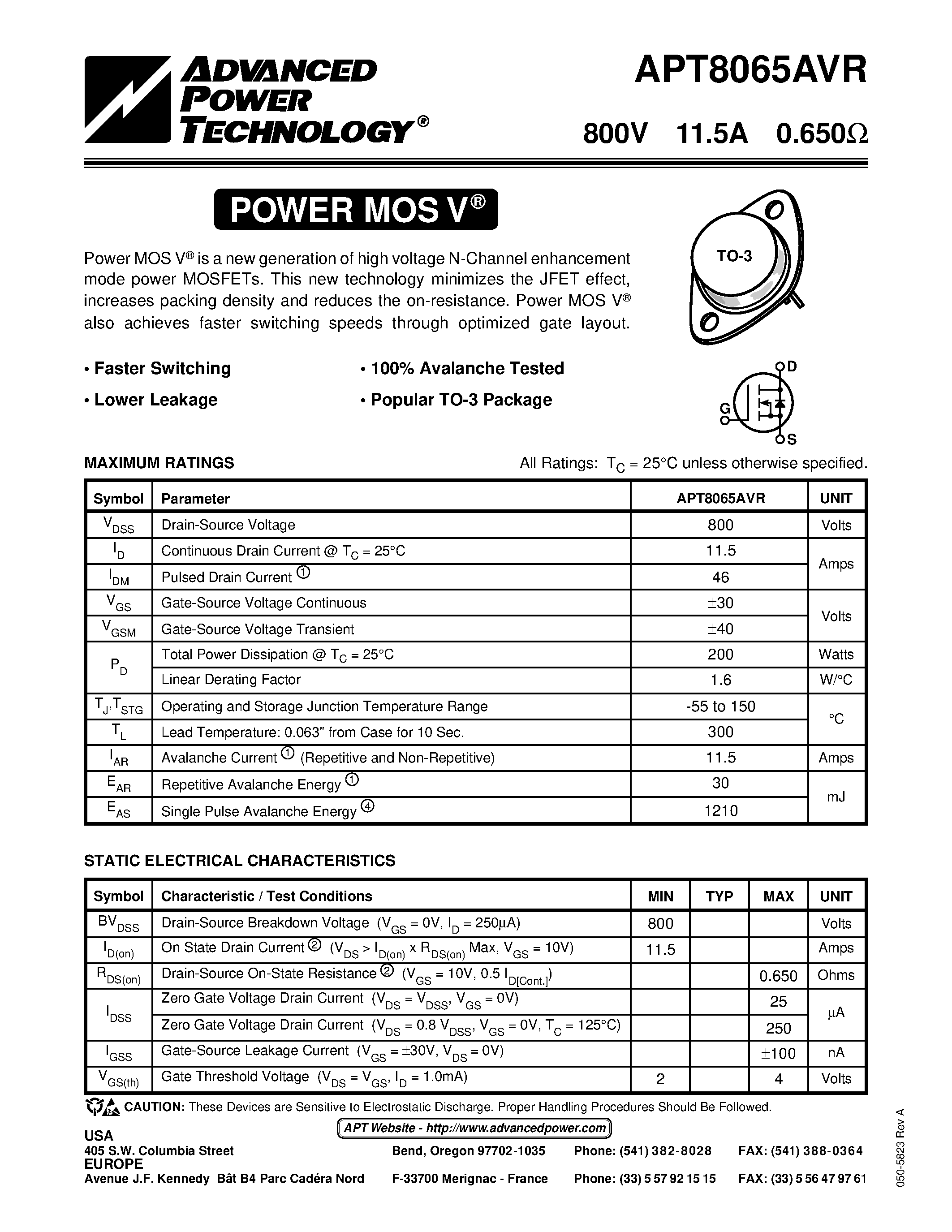 Datasheet APT8065AVR - Power MOS V is a new generation of high voltage N-Channel enhancement mode power MOSFETs. page 1