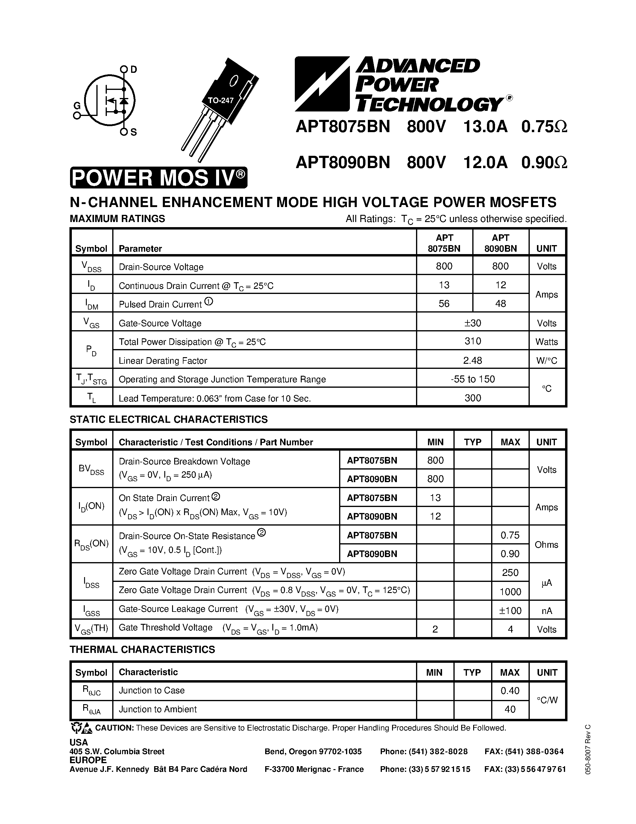 Datasheet APT8090BN - N-CHANNEL ENHANCEMENT MODE HIGH VOLTAGE POWER MOSFETS page 1