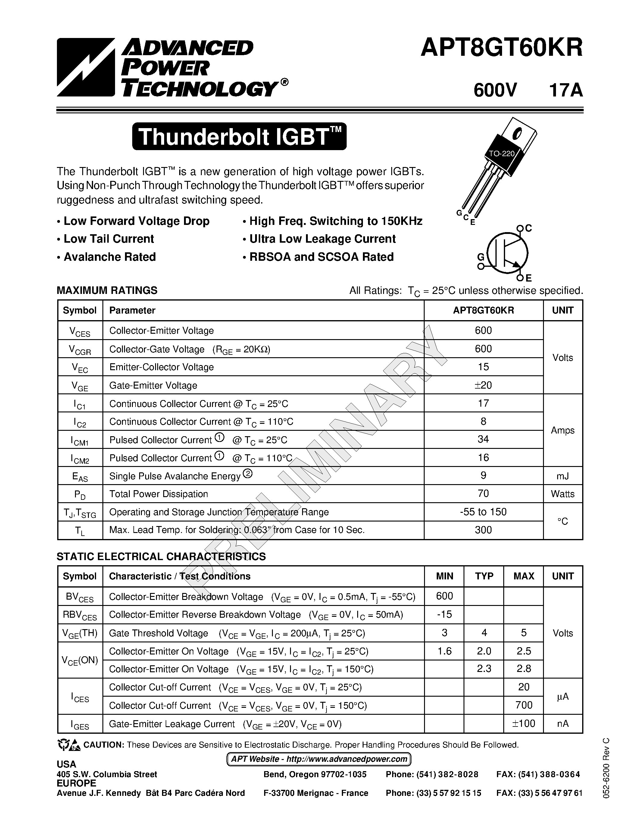 Datasheet APT8GT60KR - The Thunderbolt IGBT is a new generation of high voltage power IGBTs. page 1