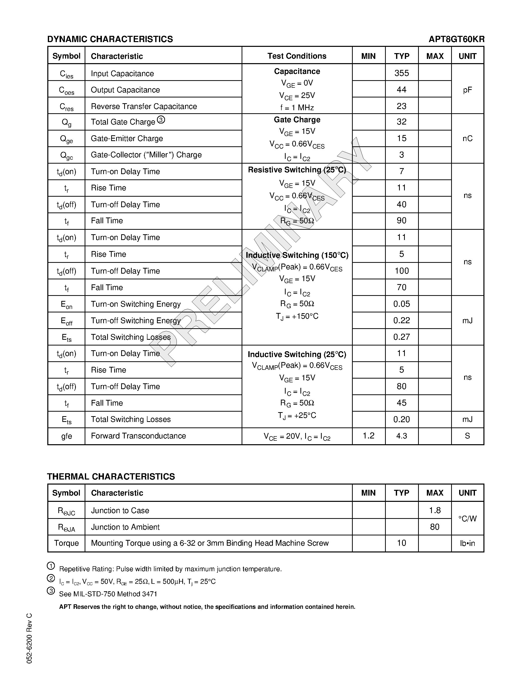 Datasheet APT8GT60KR - The Thunderbolt IGBT is a new generation of high voltage power IGBTs. page 2