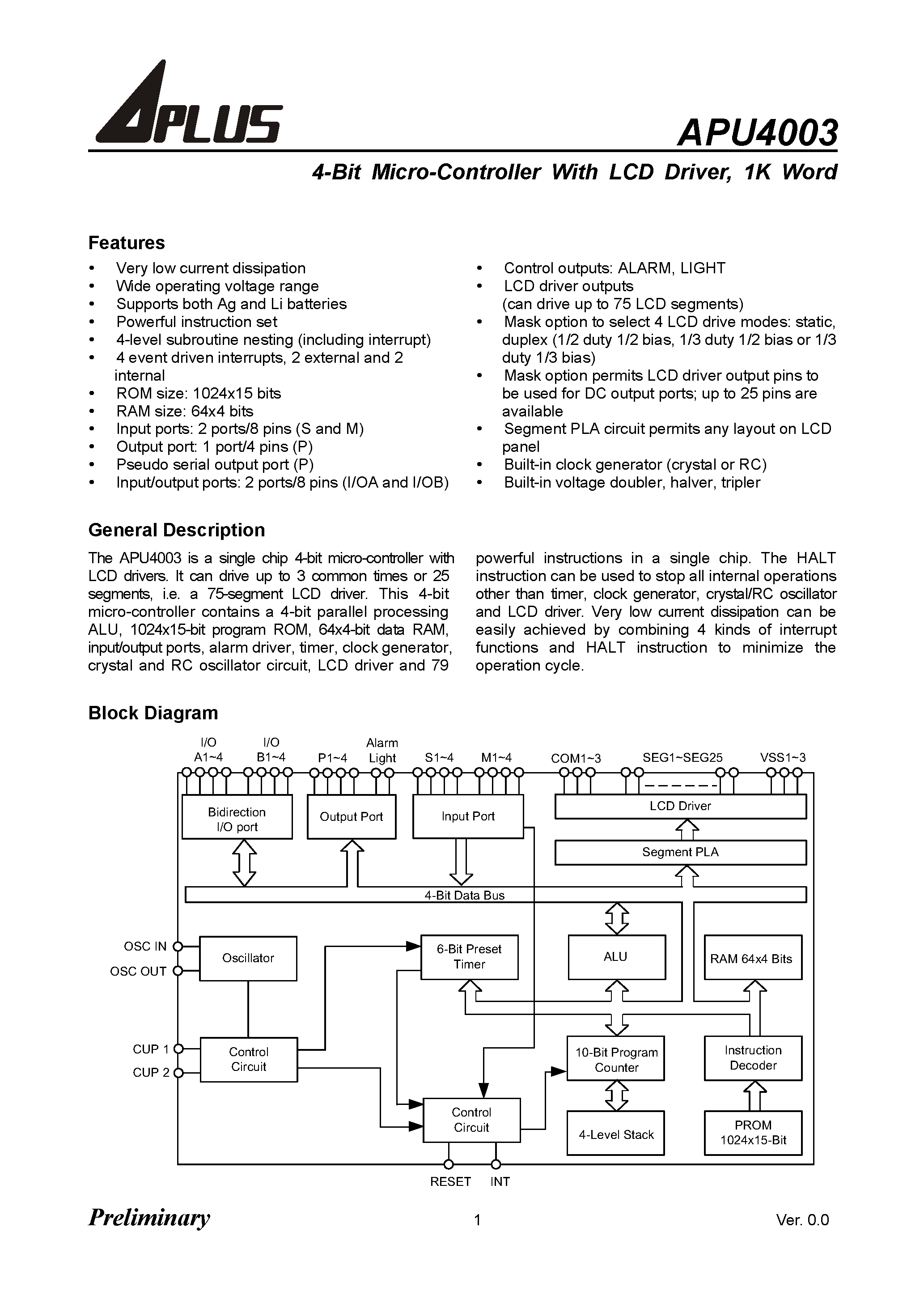 Datasheet APU4003 - 4-BIT MICRO-CONTROLLER WITH LCD DRIVER/ 1K WORD page 1