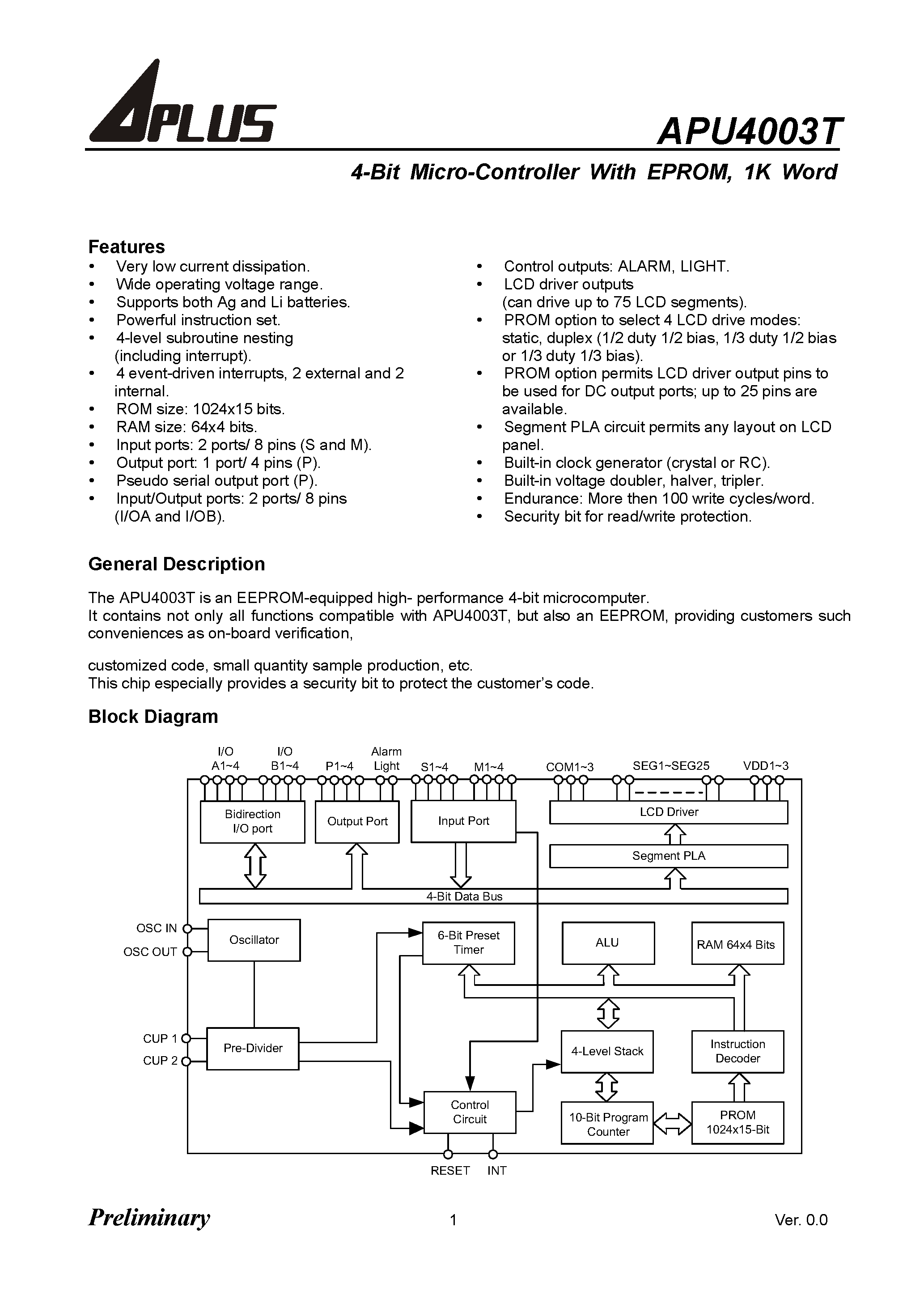 Datasheet APU4003T - 4-Bit Micro-Controller With EPROM/ 1K Word page 1