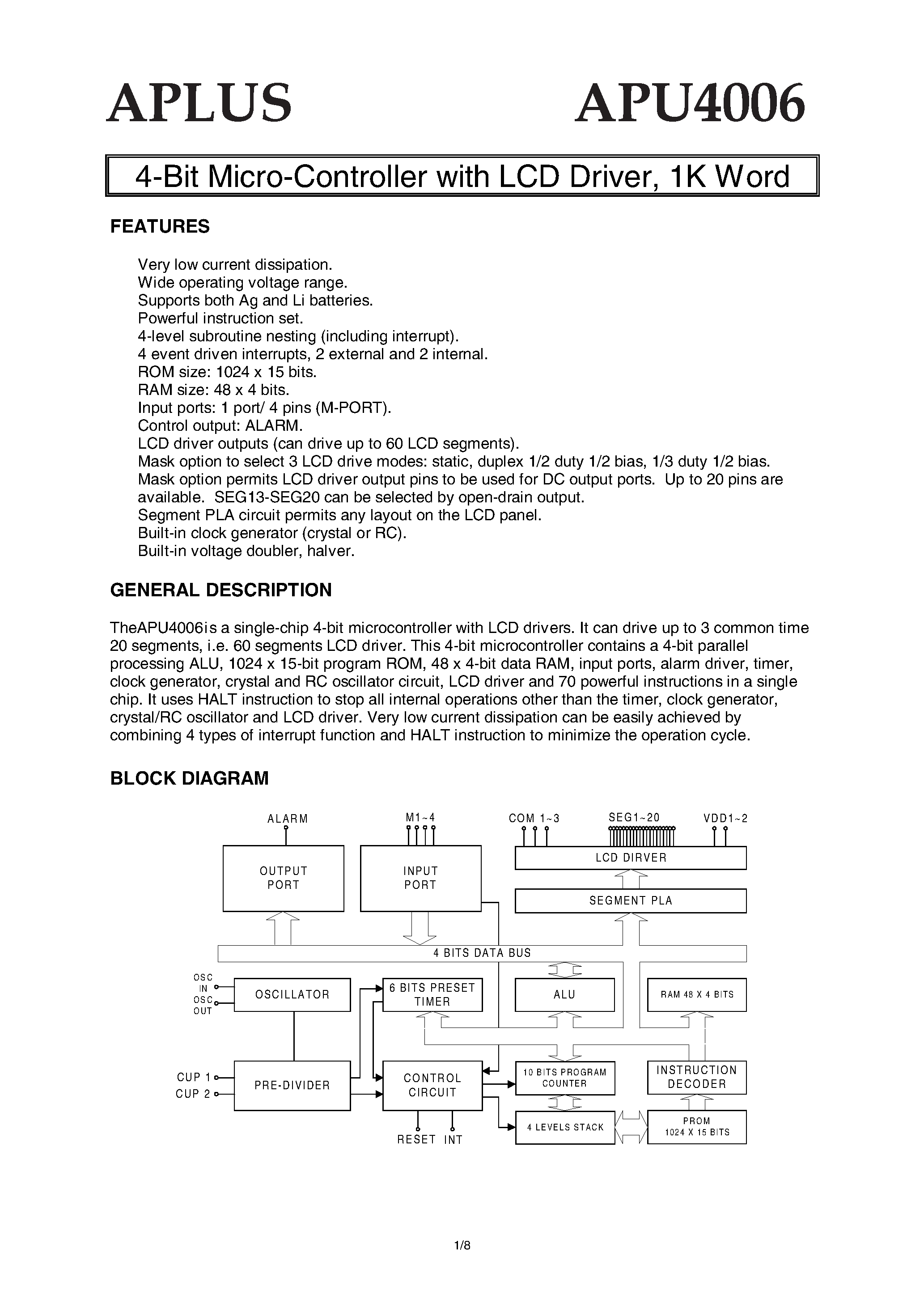 Datasheet APU4006 - 4-Bit Micro-Controller with LCD Driver/ 1K Word page 1