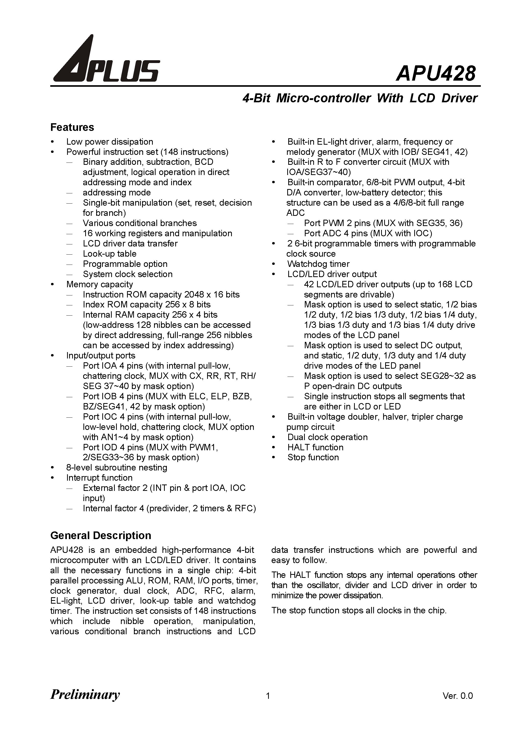 Datasheet APU428 - 4-Bit Micro-controller With LCD Driver page 1