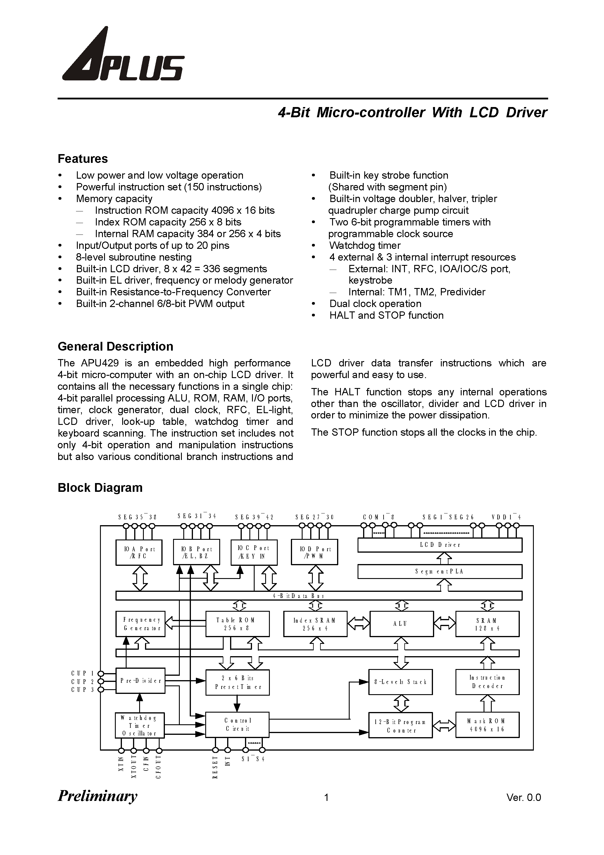 Datasheet APU429 - 4-Bit Micro-controller With LCD Driver page 1