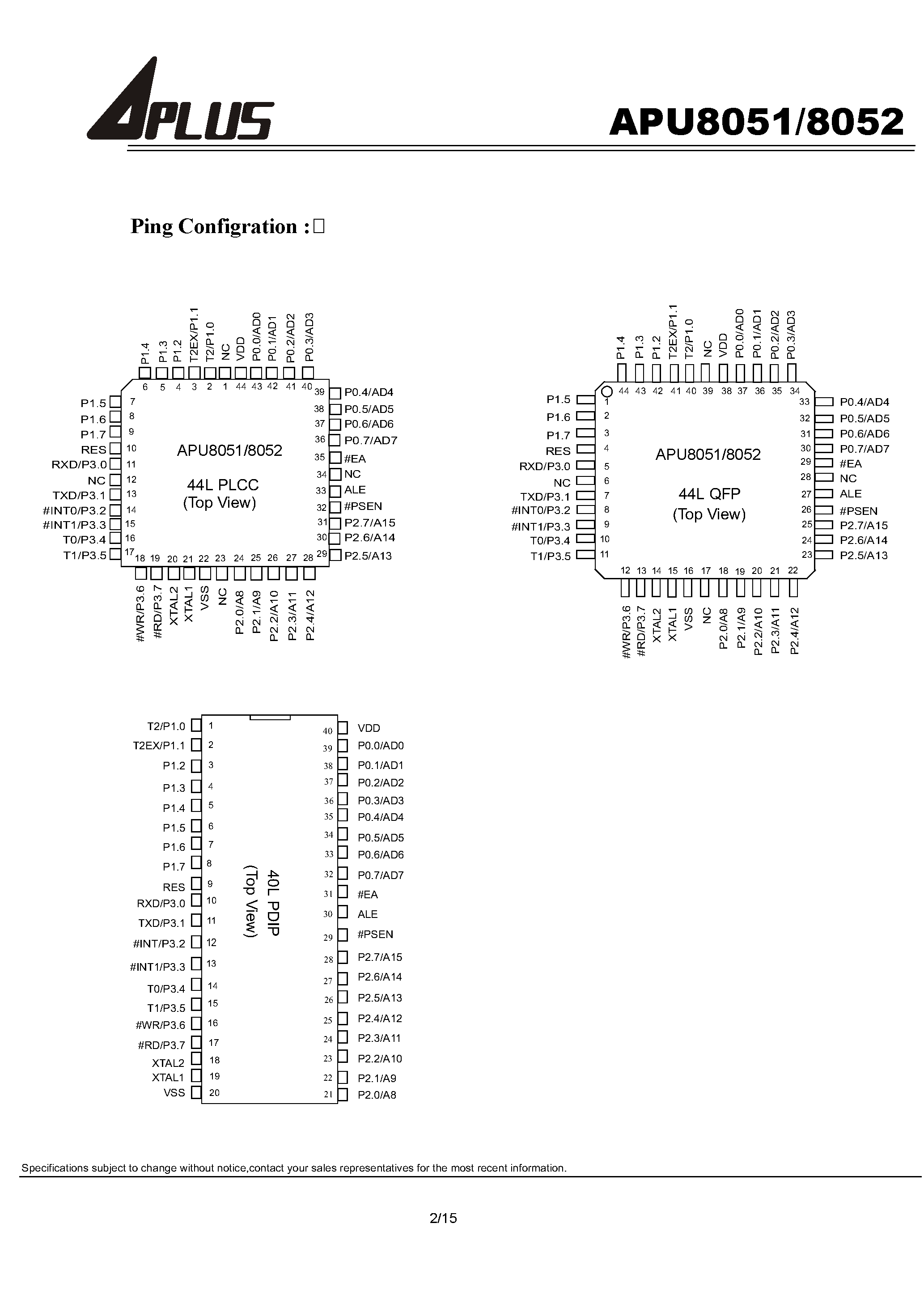 Datasheet APU8051 - 8-BIT MICRO CONTROLLER WITH 4/8KB ROM EMVEDDED page 2