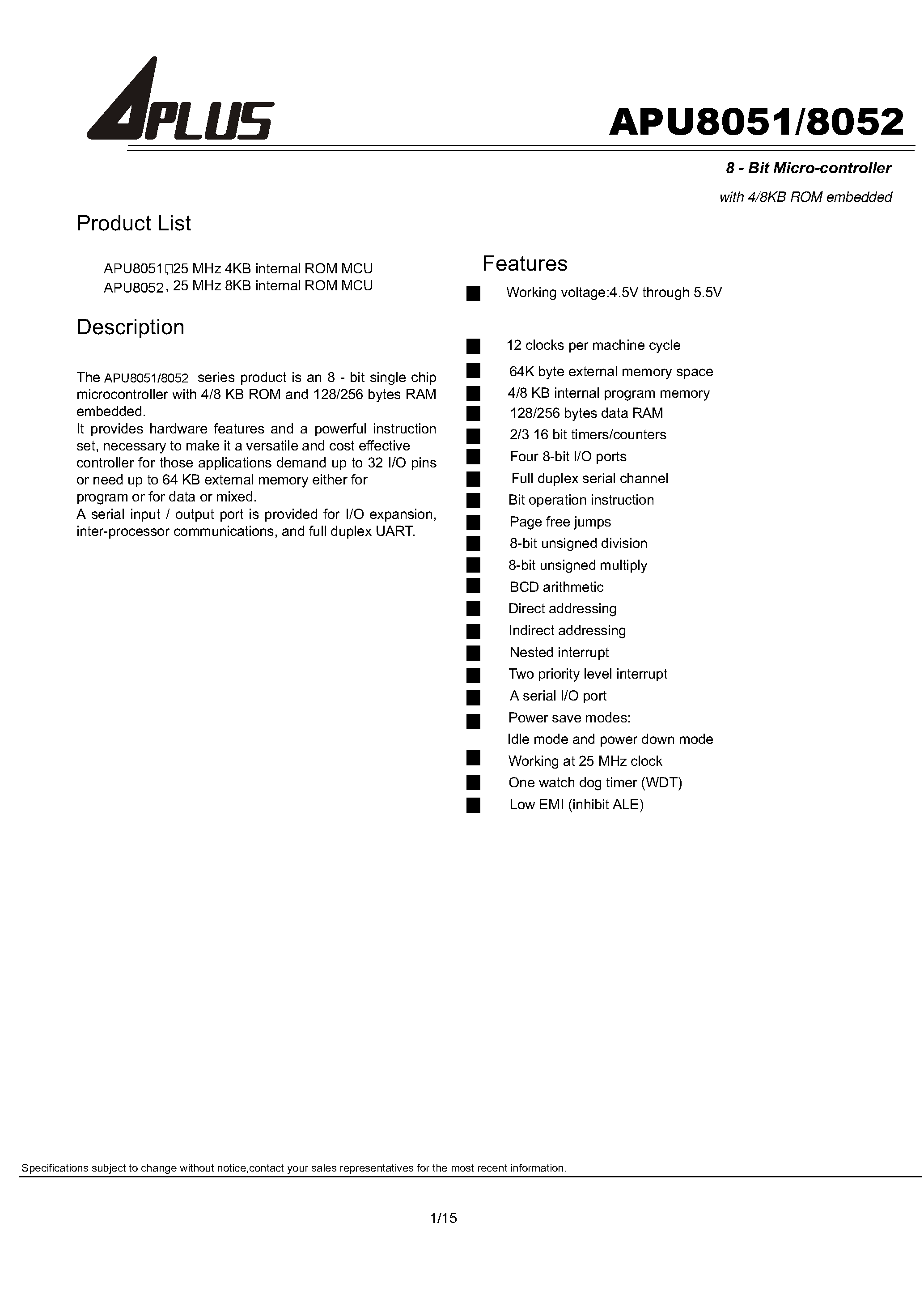 Datasheet APU8052 - 8-BIT MICRO CONTROLLER WITH 4/8KB ROM EMVEDDED page 1