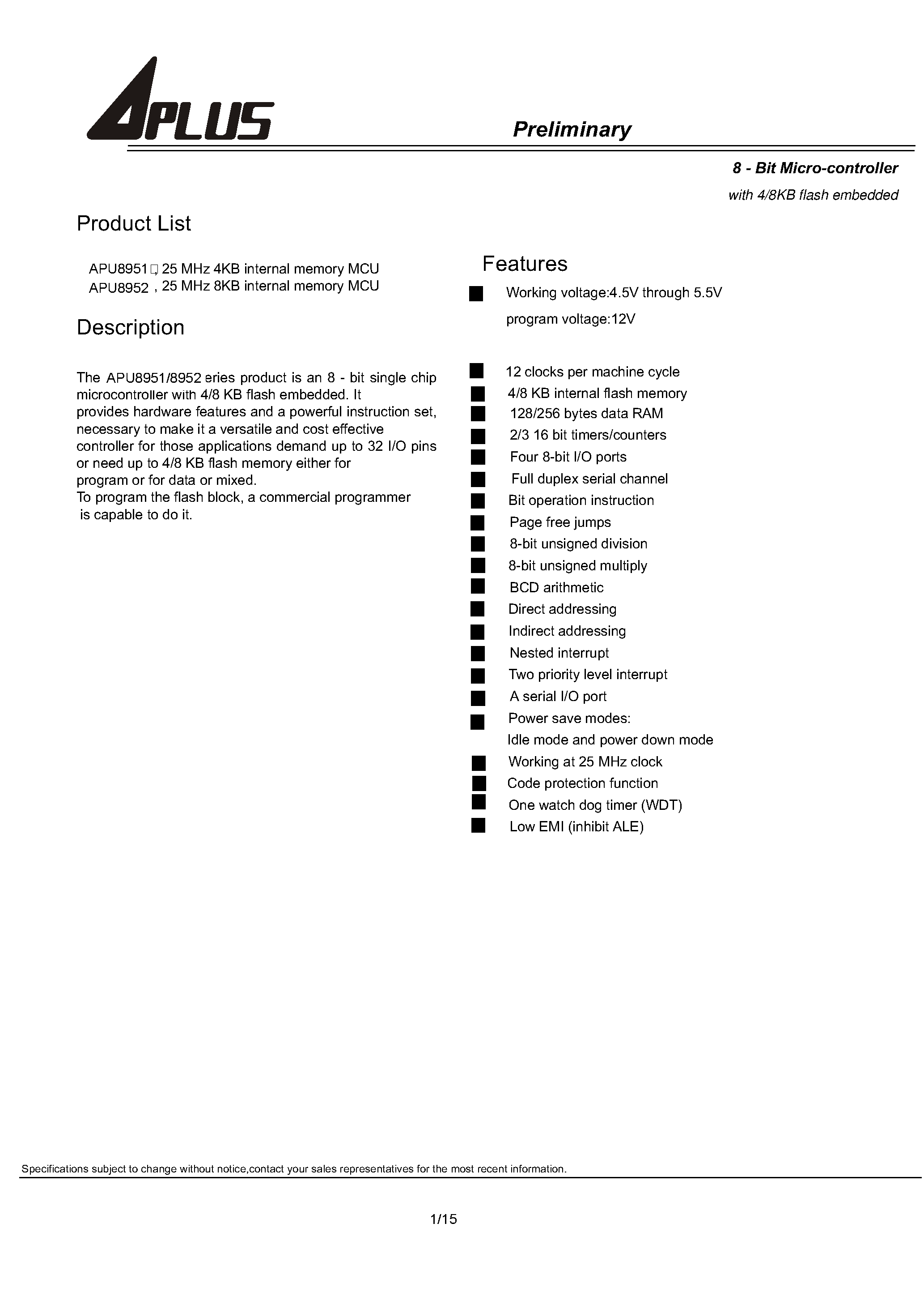 Datasheet APU8952 - 8-BIT MICRO CONTROLLER WITH 4/8KB FLASH EMBEDDED page 1