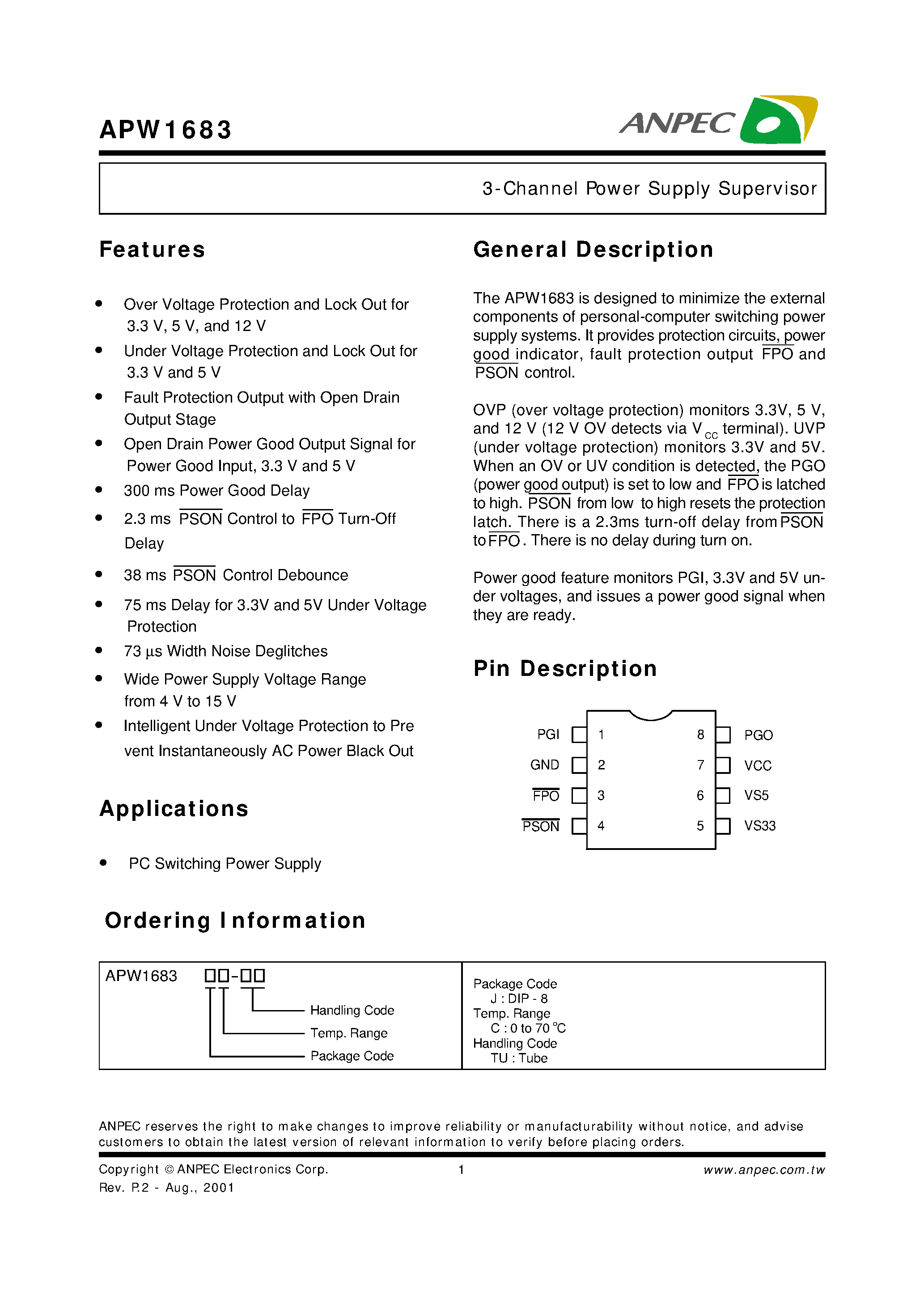 Datasheet APW1683JC-TU page 1 Datasheet APW1683JC-TU - 3-Channel Power Supply Supervisor page 1