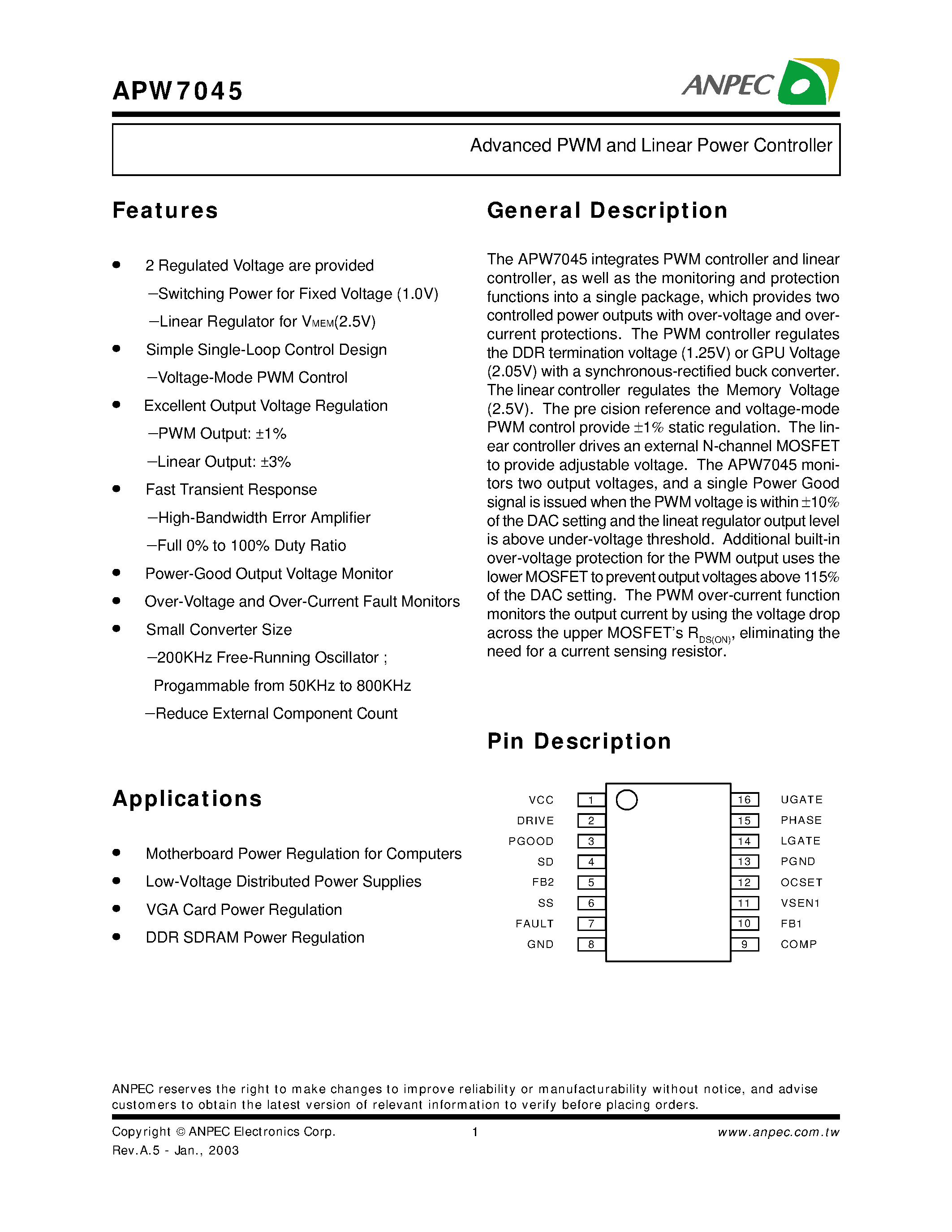 Datasheet APW7045K - Advanced PWM and Linear Power Controller page 1