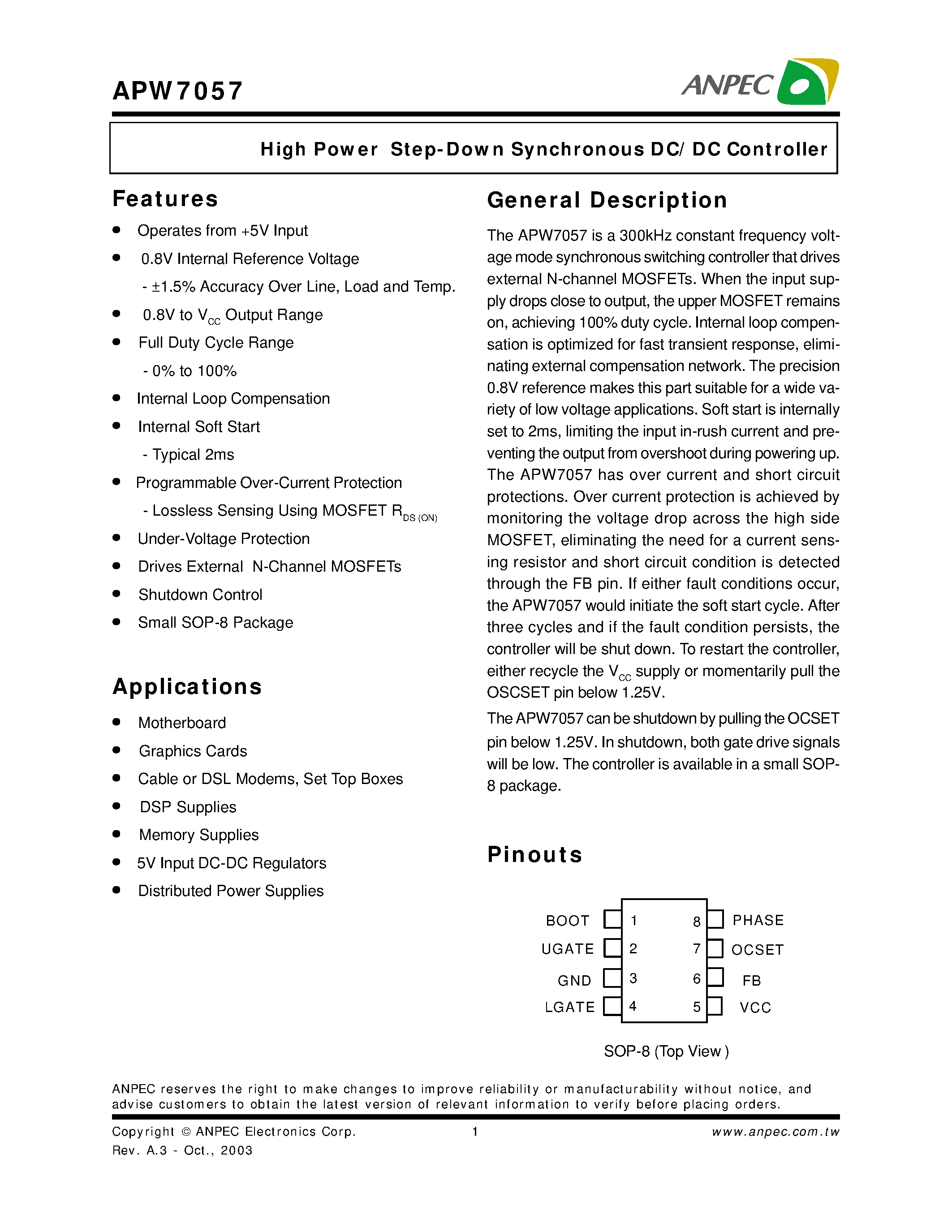 Даташит на микросхему APW7057KC-TR страница 1 Даташит APW7057KC-TR - High Power Step-Down Synchronous DC/DC Controller страница 1