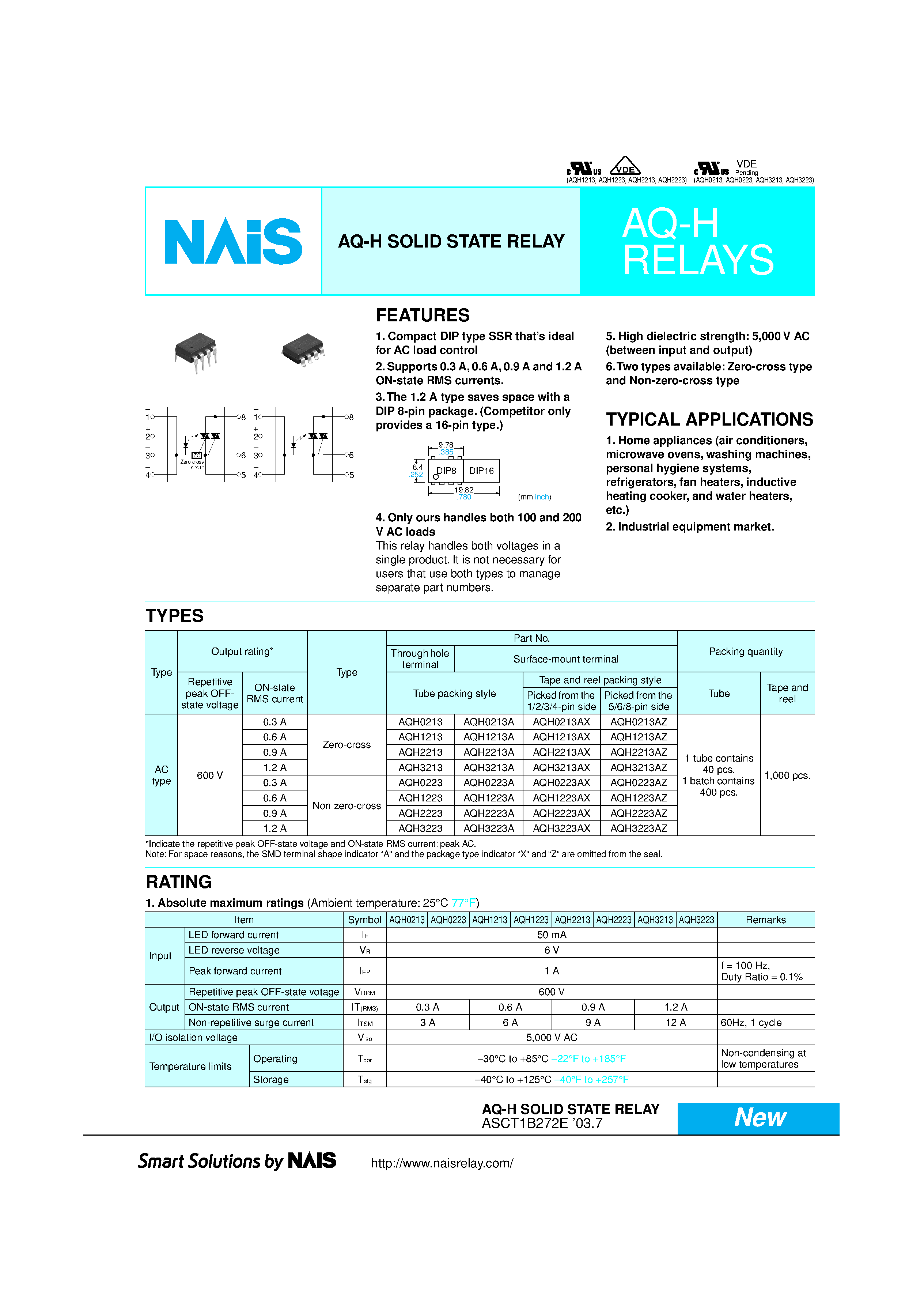 Datasheet AQH3223 - AQ-H SOLID STATE RELAY page 1