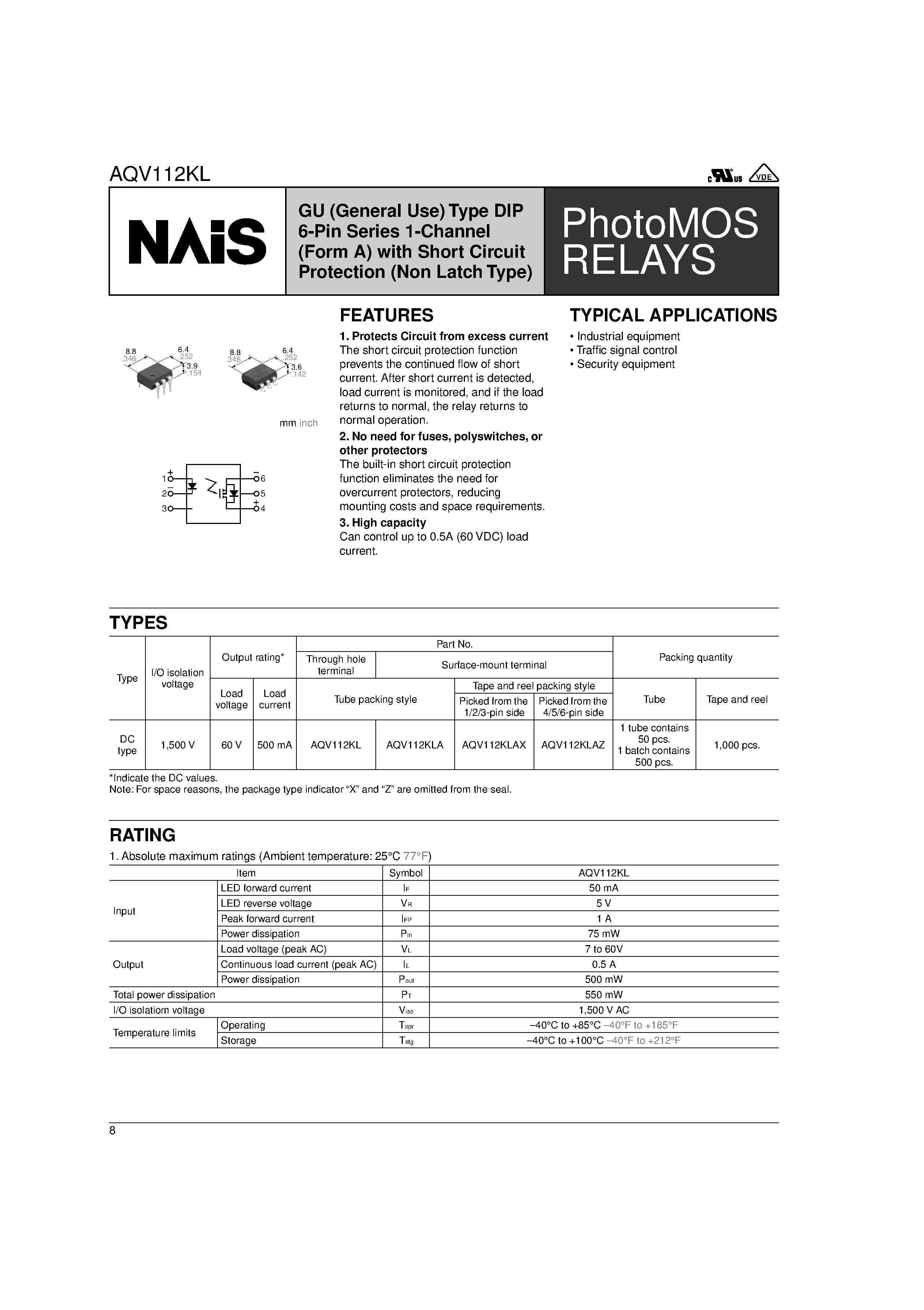 Datasheet AQV1 page 1 Datasheet AQV1 - PhotoMOS RELAYS page 1