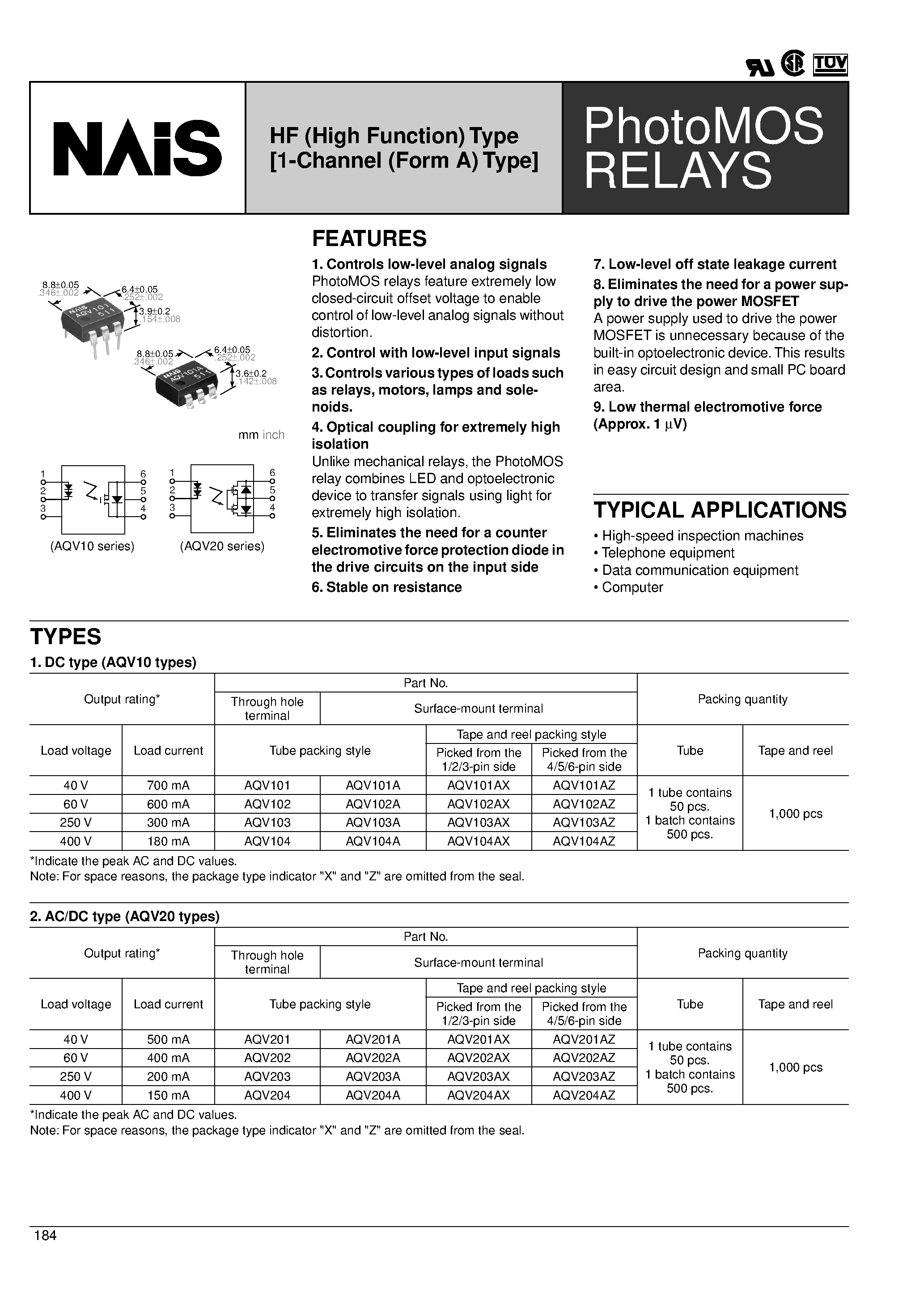 Datasheet AQV202 - HF (High Function) Type [1-Channel (Form A) Type] page 1